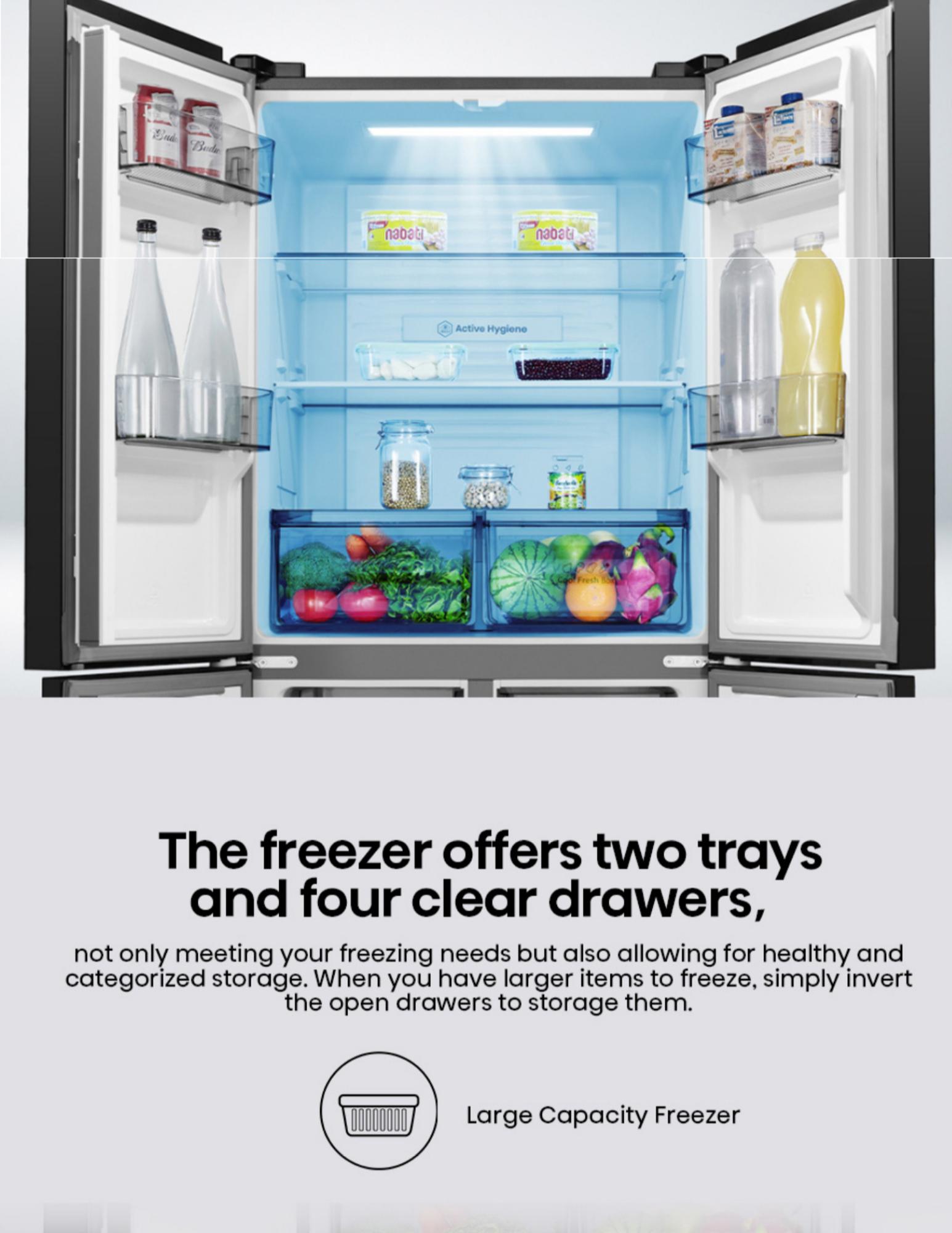 The freezer offers two trays and four clear drawers