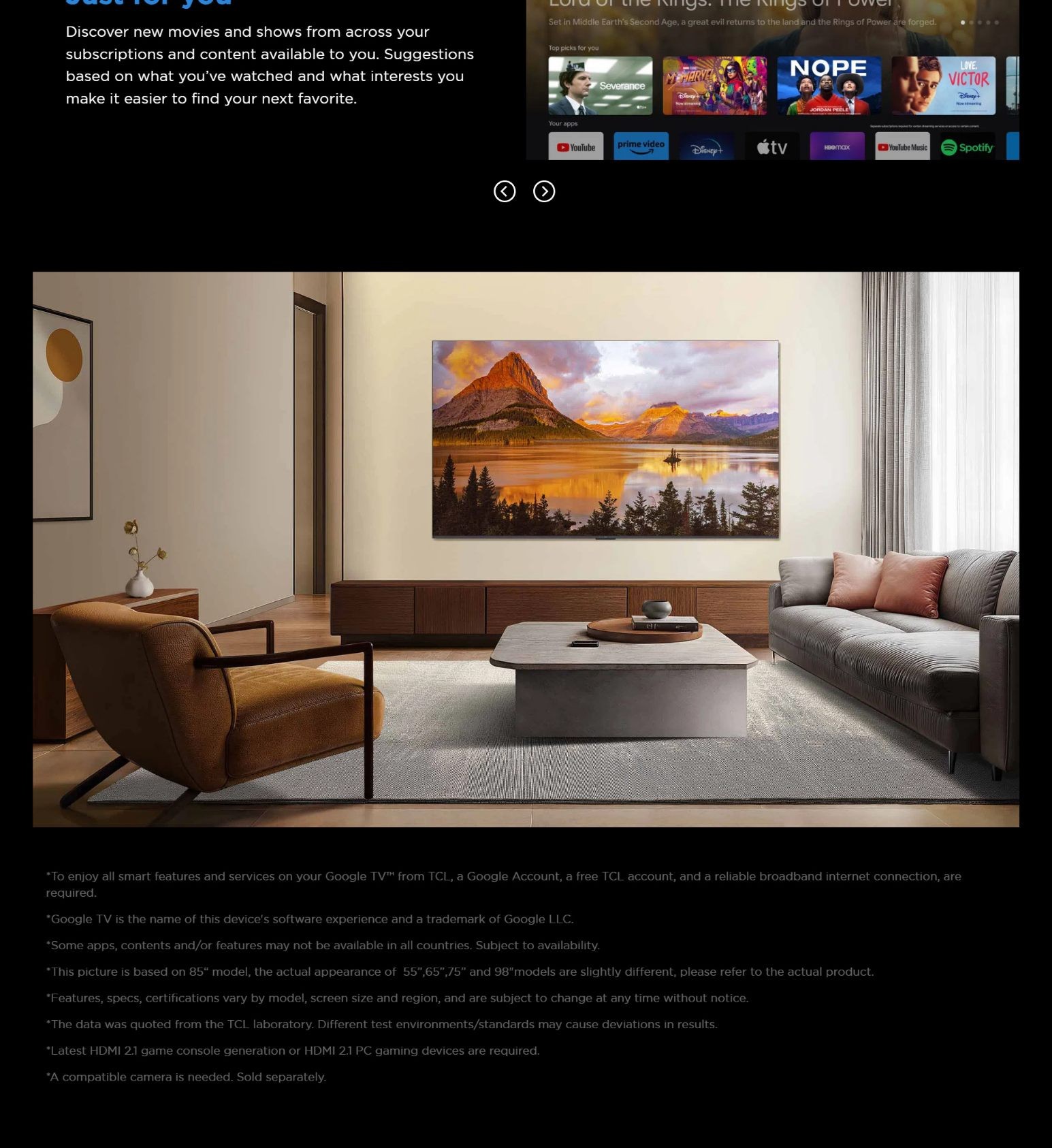 Modern living room with wall-mounted TCL QLED TV