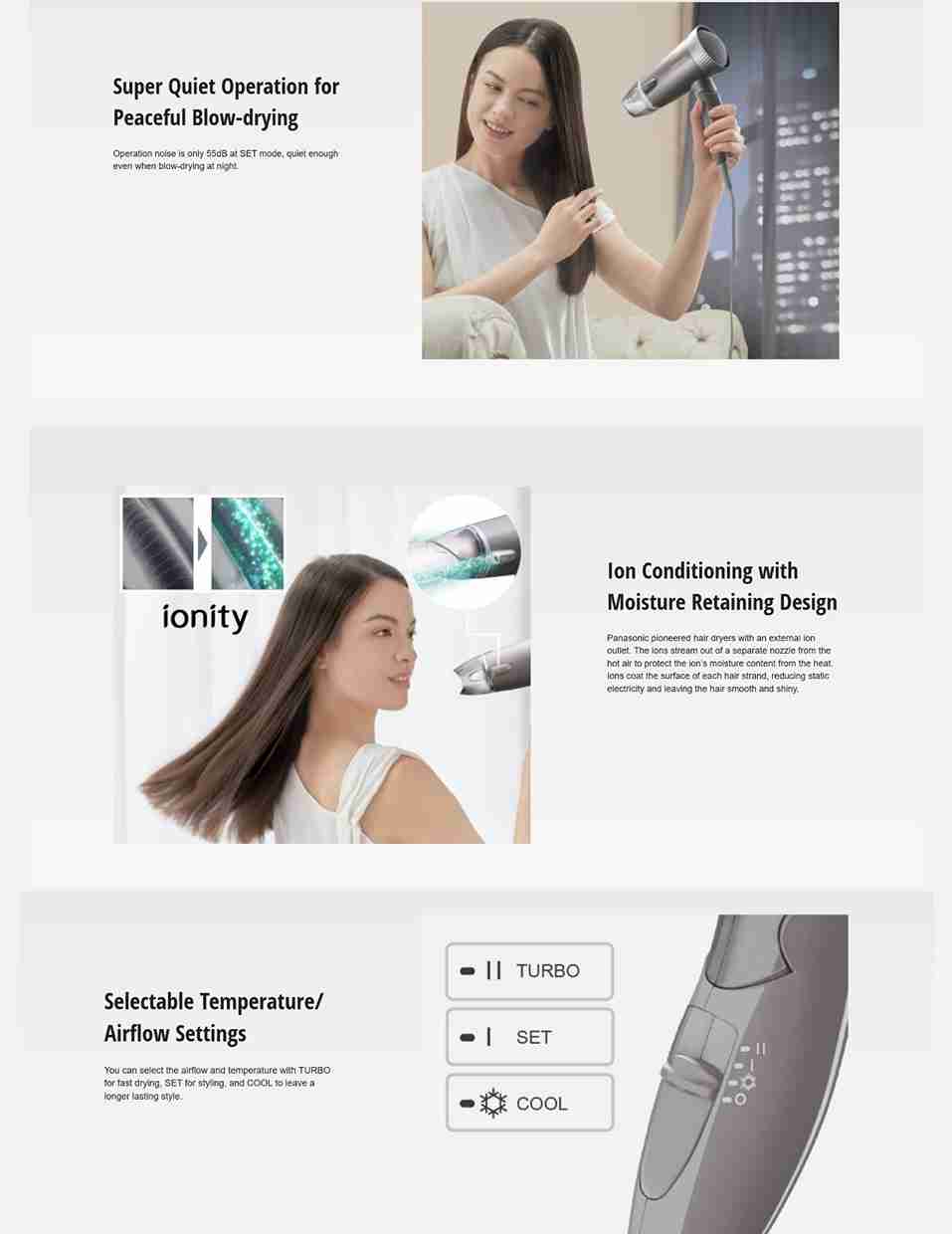 Hairdryer with ion conditioning and adjustable settings.