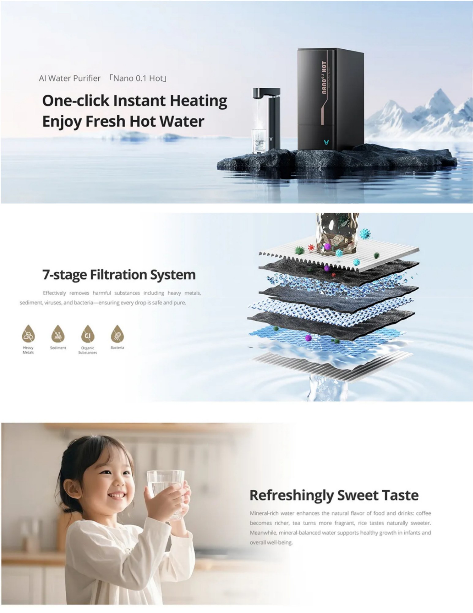 Instant hot water purifier with one-click heating display