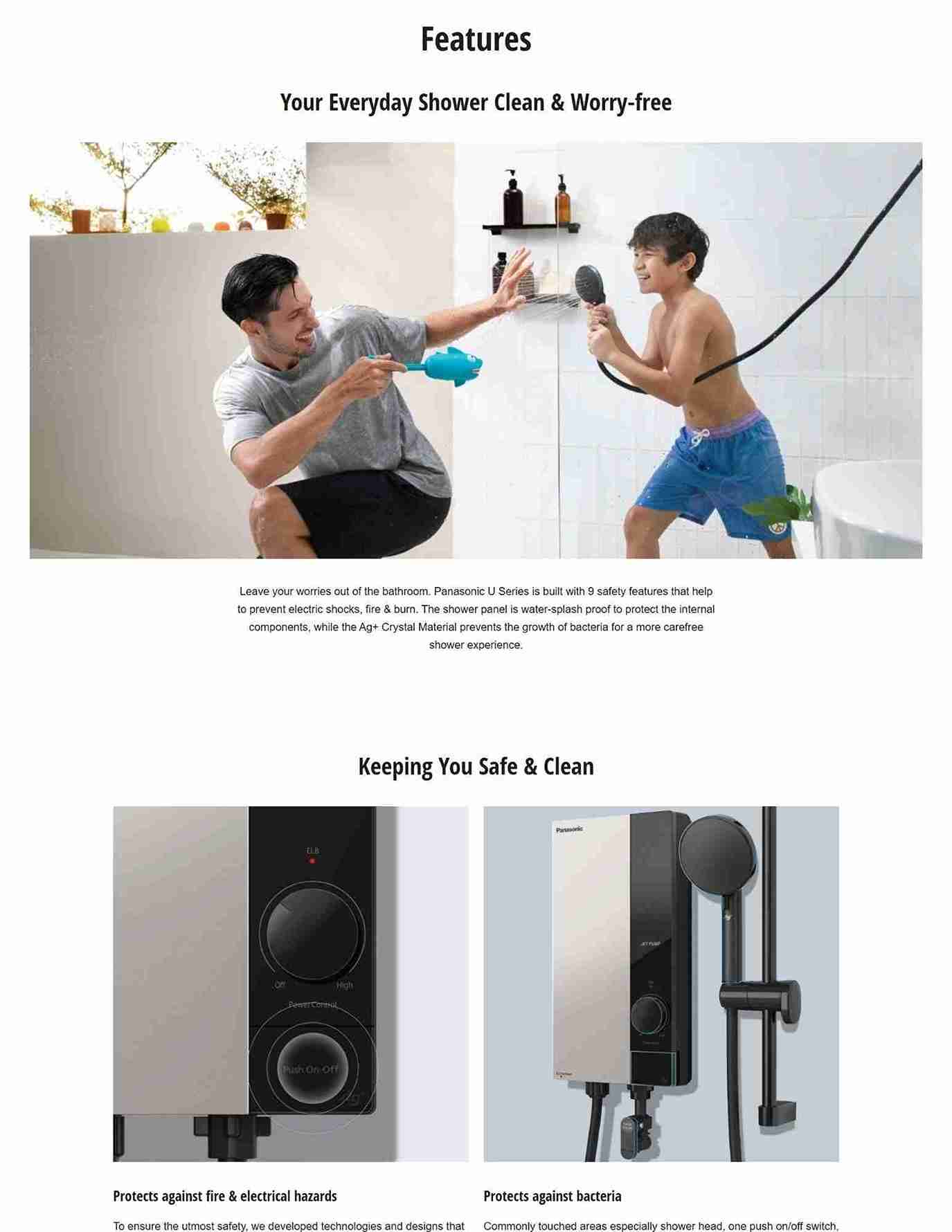 Father and son playing with shower in a modern bathroom.