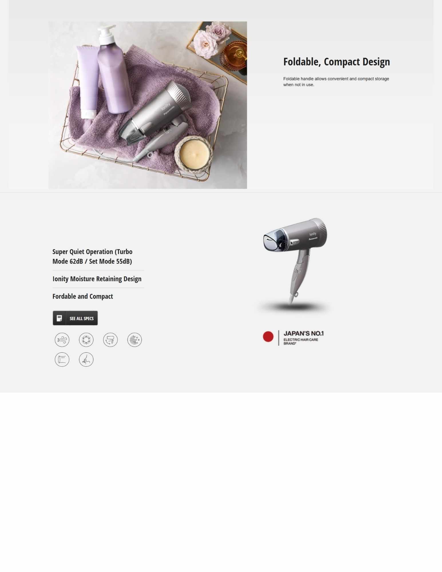 Foldable hairdryer with ion moisture technology.