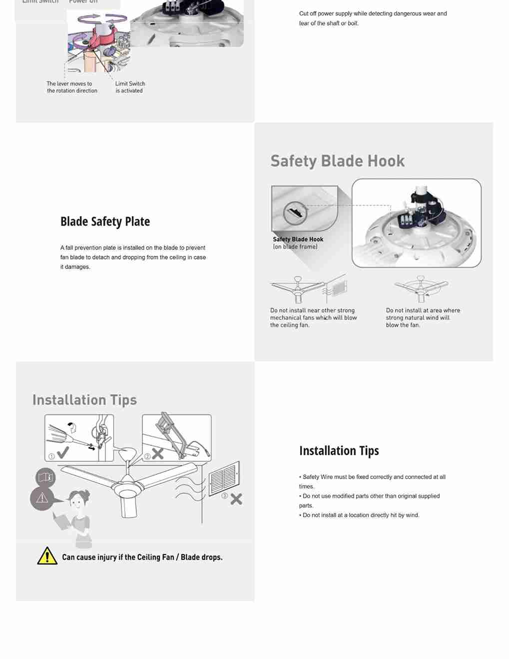 Prevents fan blade detachment with safety hooks and safety wire.