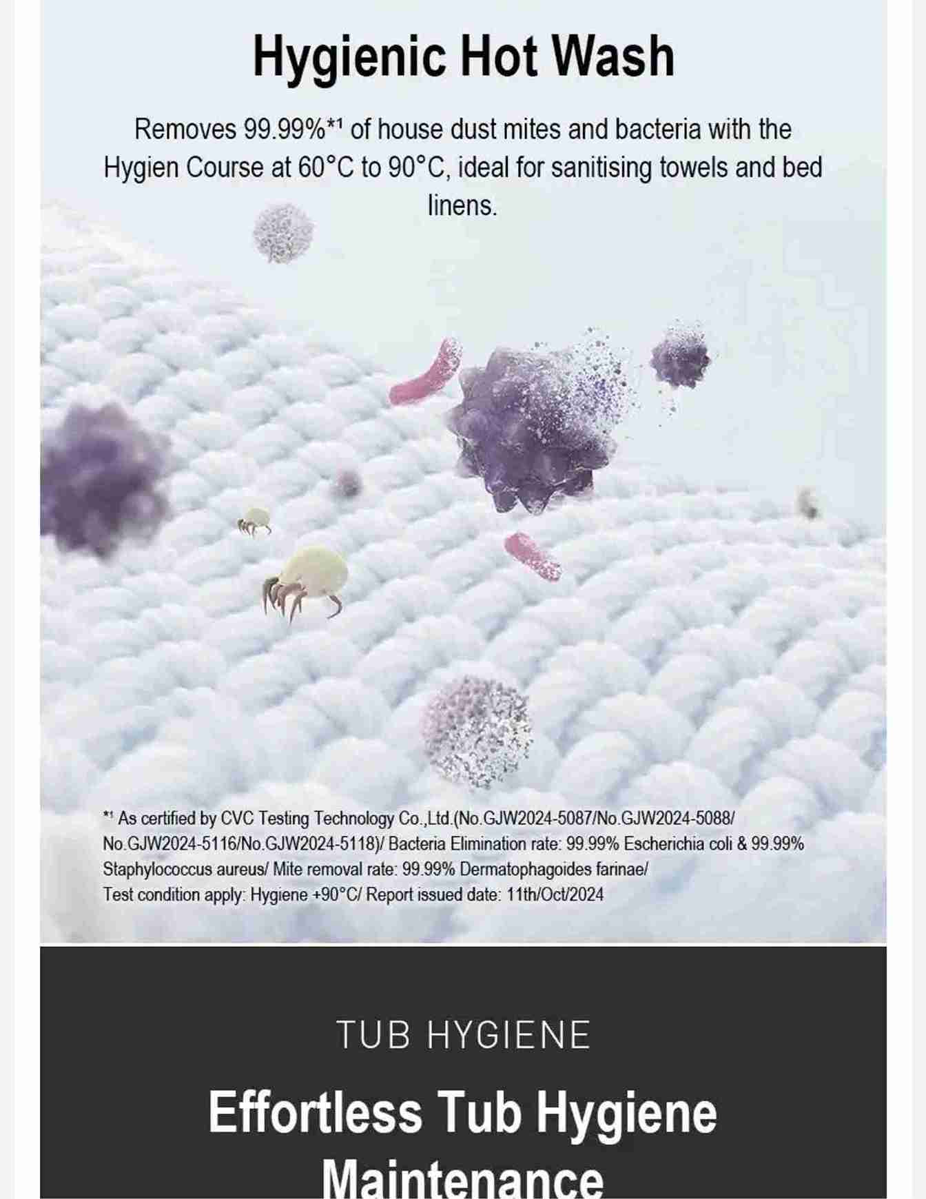 Hygienic hot wash removes dust mites and bacteria.