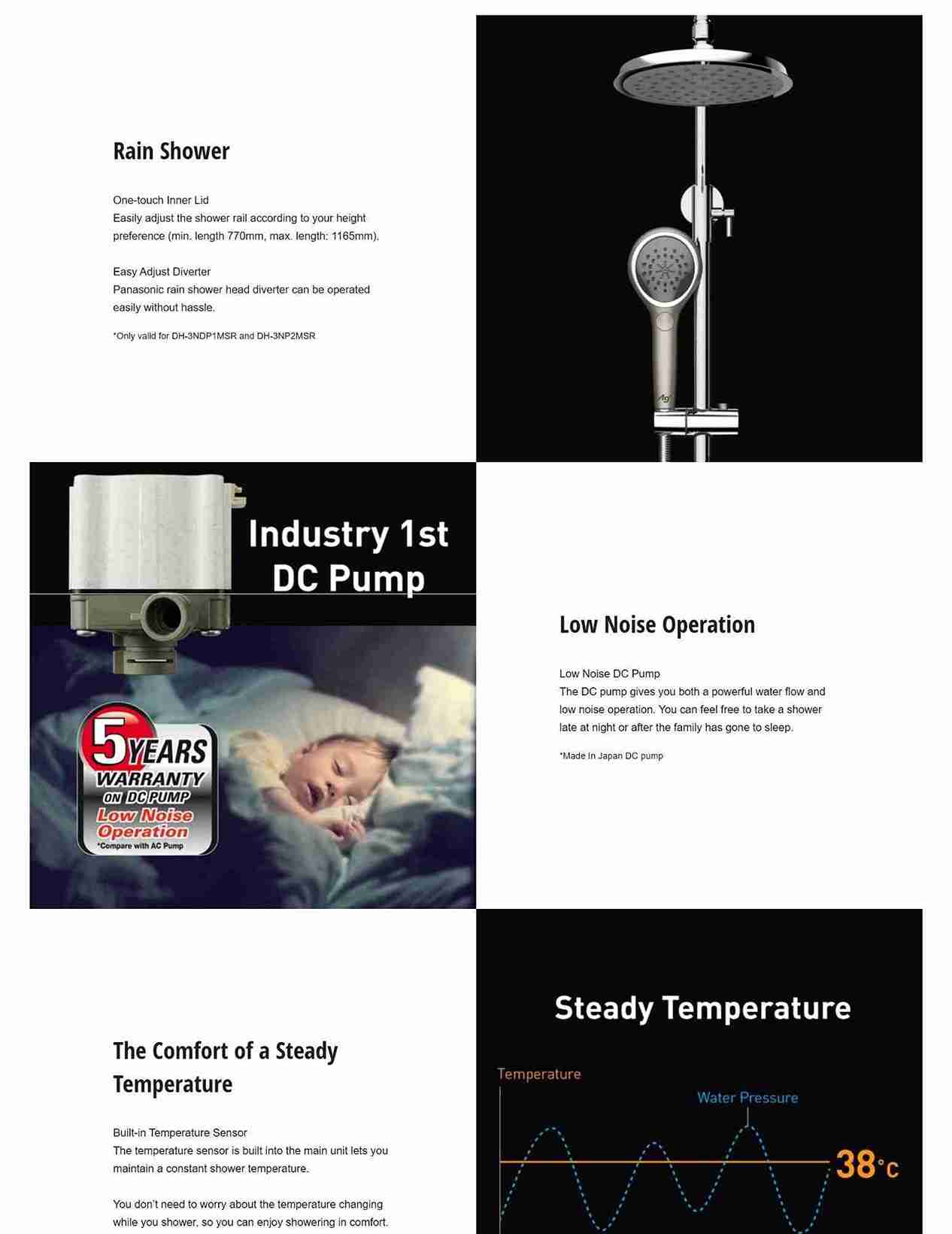 Highlights the rain shower head, low noise DC pump, and steady temperature feature.