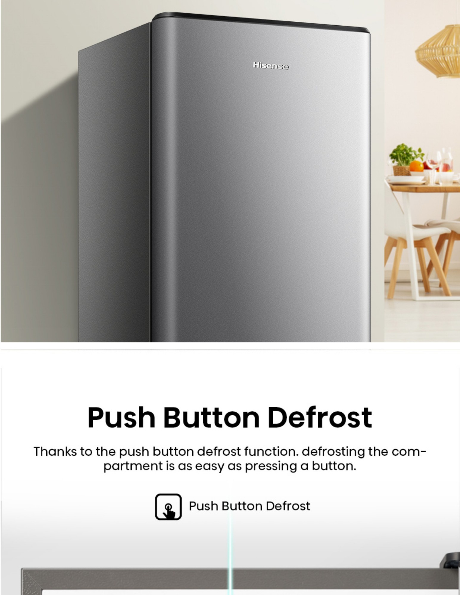 Push button defrost feature in Hisense single door fridge