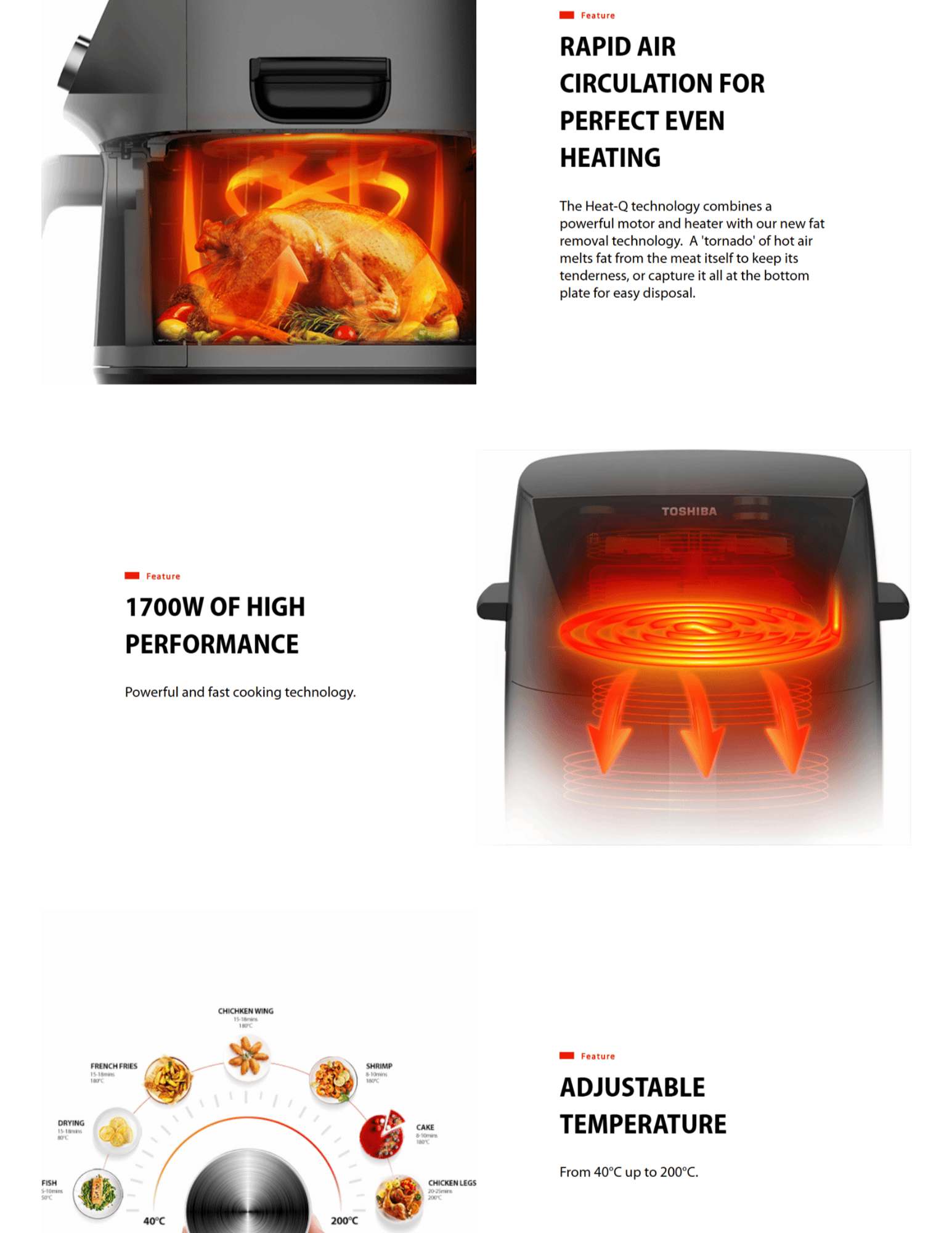 1700W OF HIGH PERFORMANCE Powerful and fast cooking technology. feature-temperature Feature ADJUSTABLE TEMPERATURE From 40°C up to 200°C. feature-memory Feature MEMORY FUNCTION FOR A RECALL OF THE LAST SET PROGRAM You can set the temperature and time as you like, and the next time you cook it, such operating program will be retrieved using the memory function.