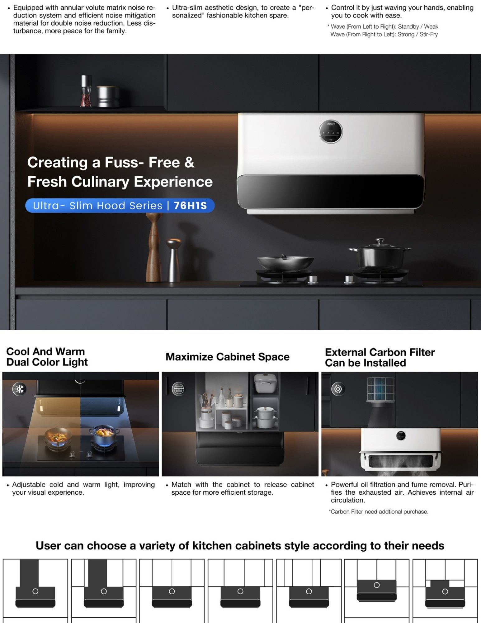 ROBAM 76H1S slim hood with powerful suction in modern kitchen