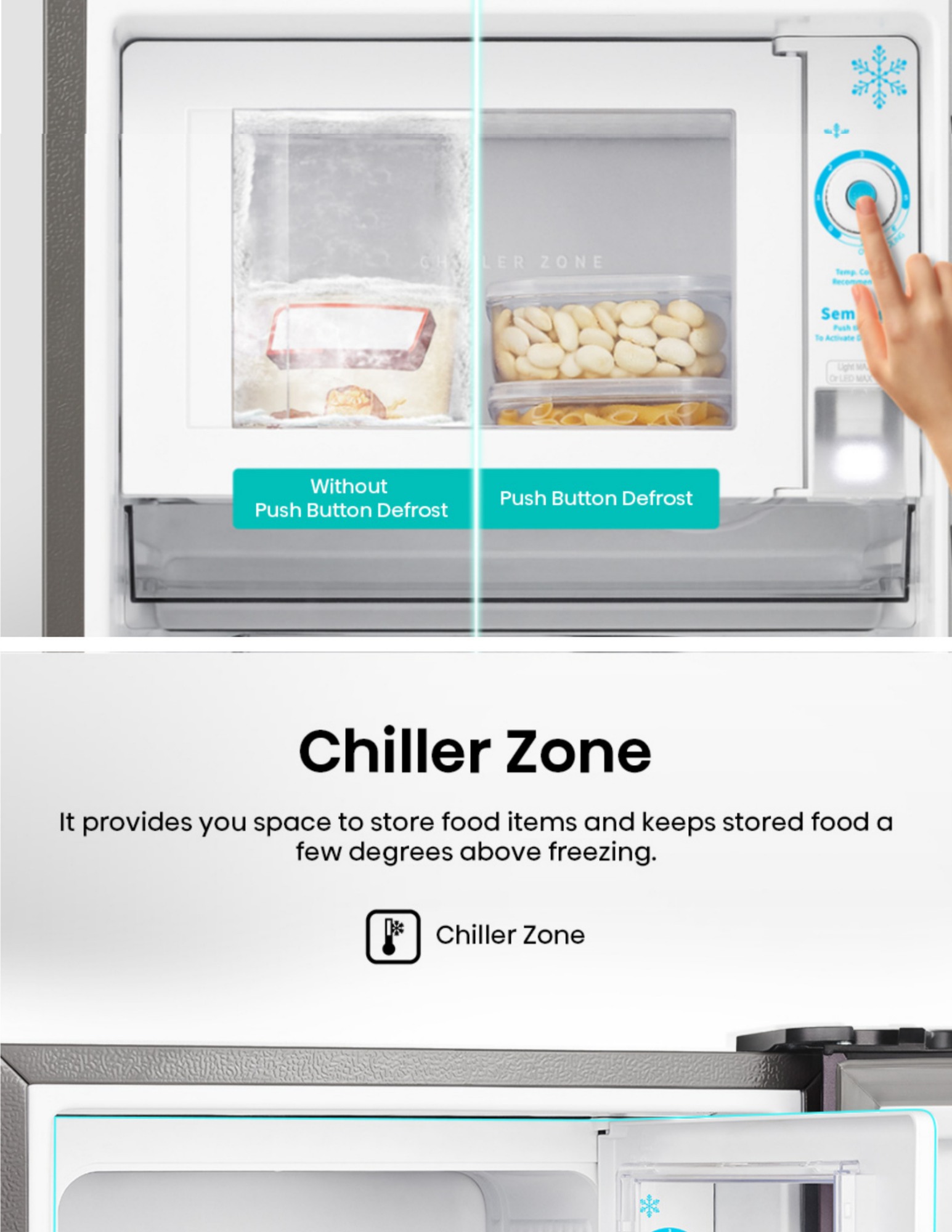 Push button defrost feature in Hisense single door fridge
