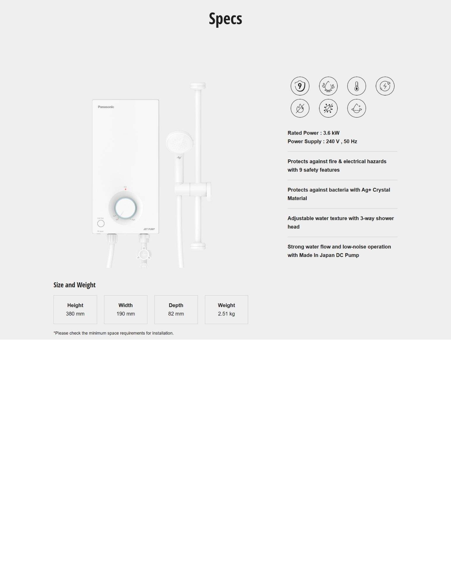 Panasonic shower specs with safety features and adjustable water texture.