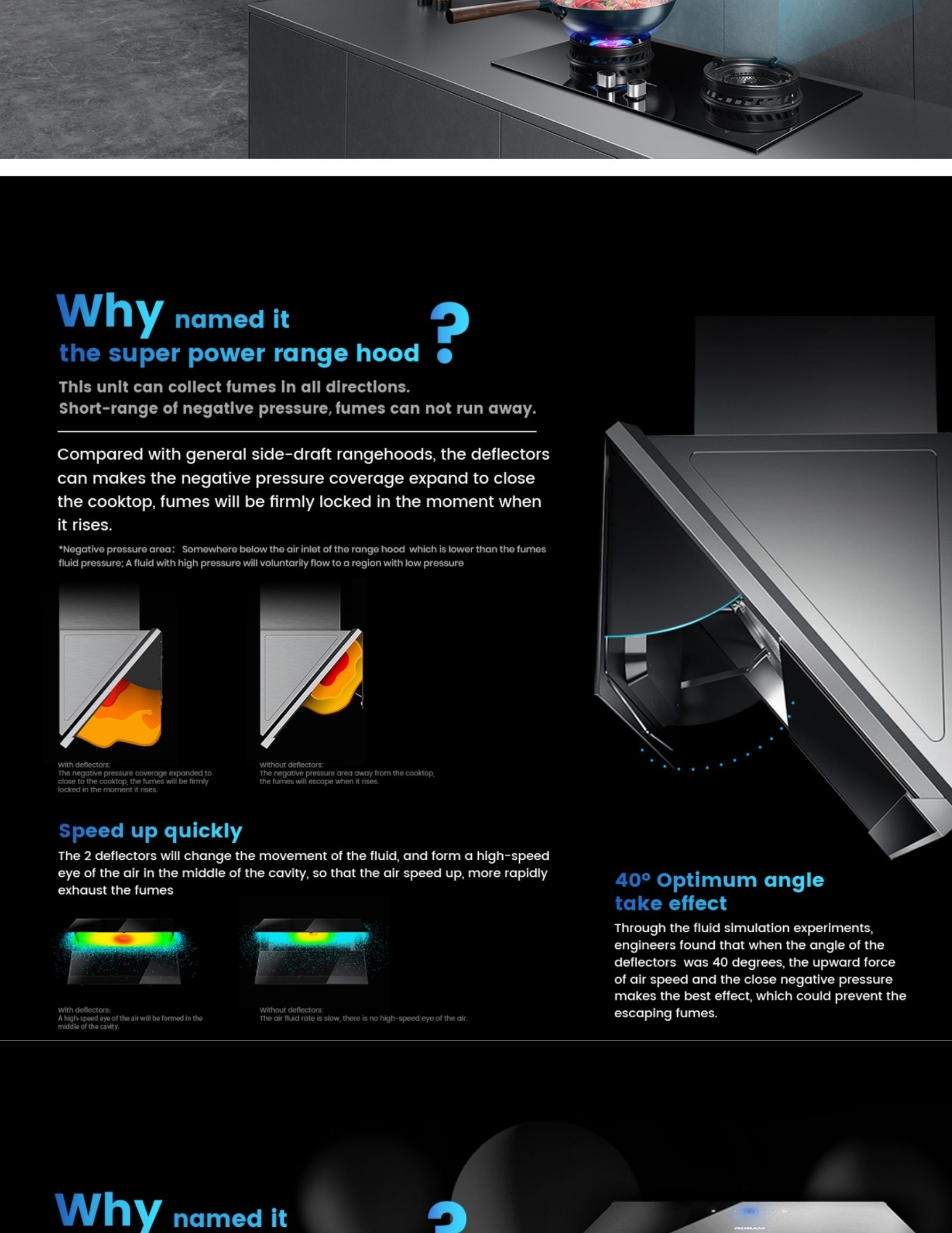 Dual deflector design locks in fumes for faster exhaust