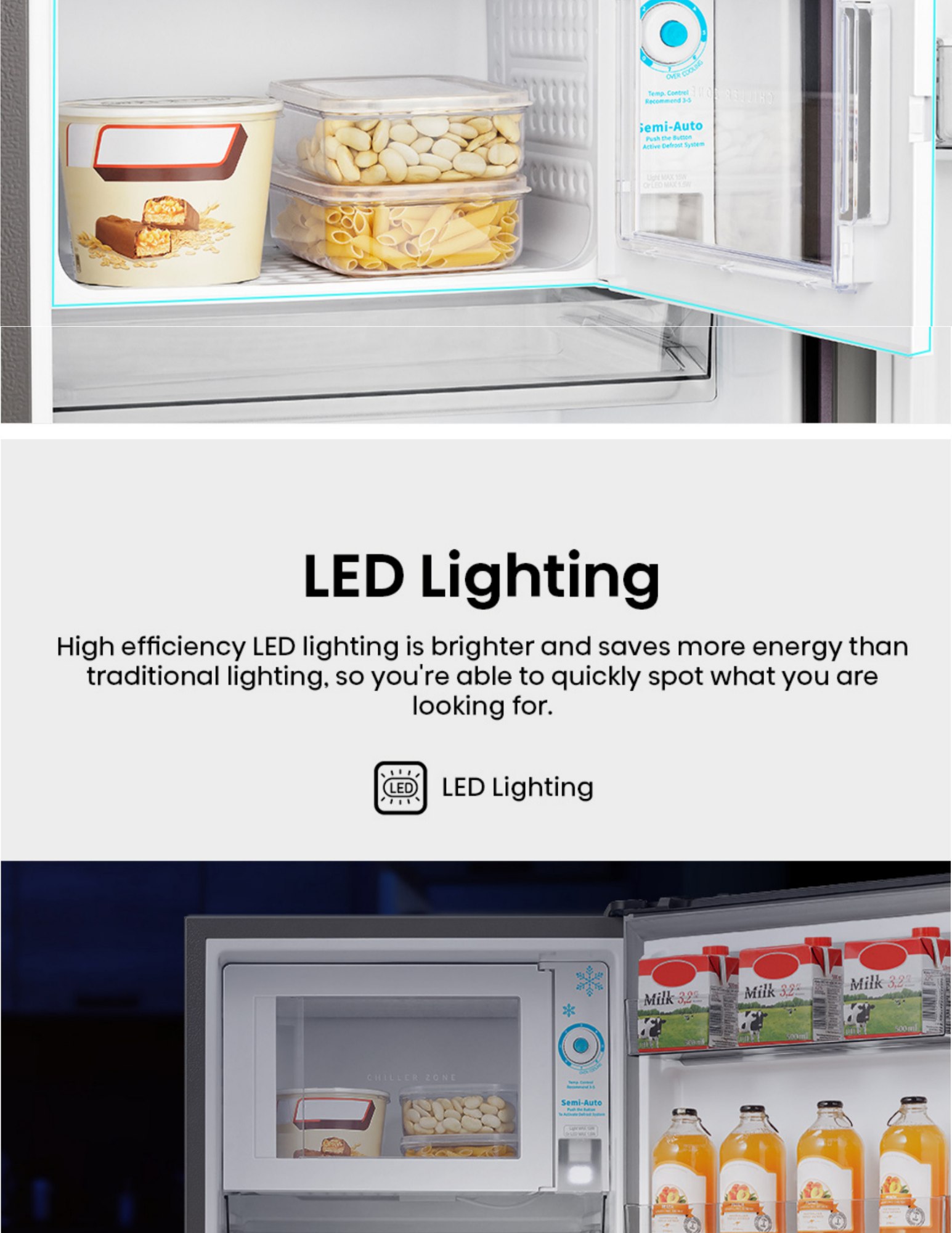 Hisense fridge interior with LED lighting and shelves