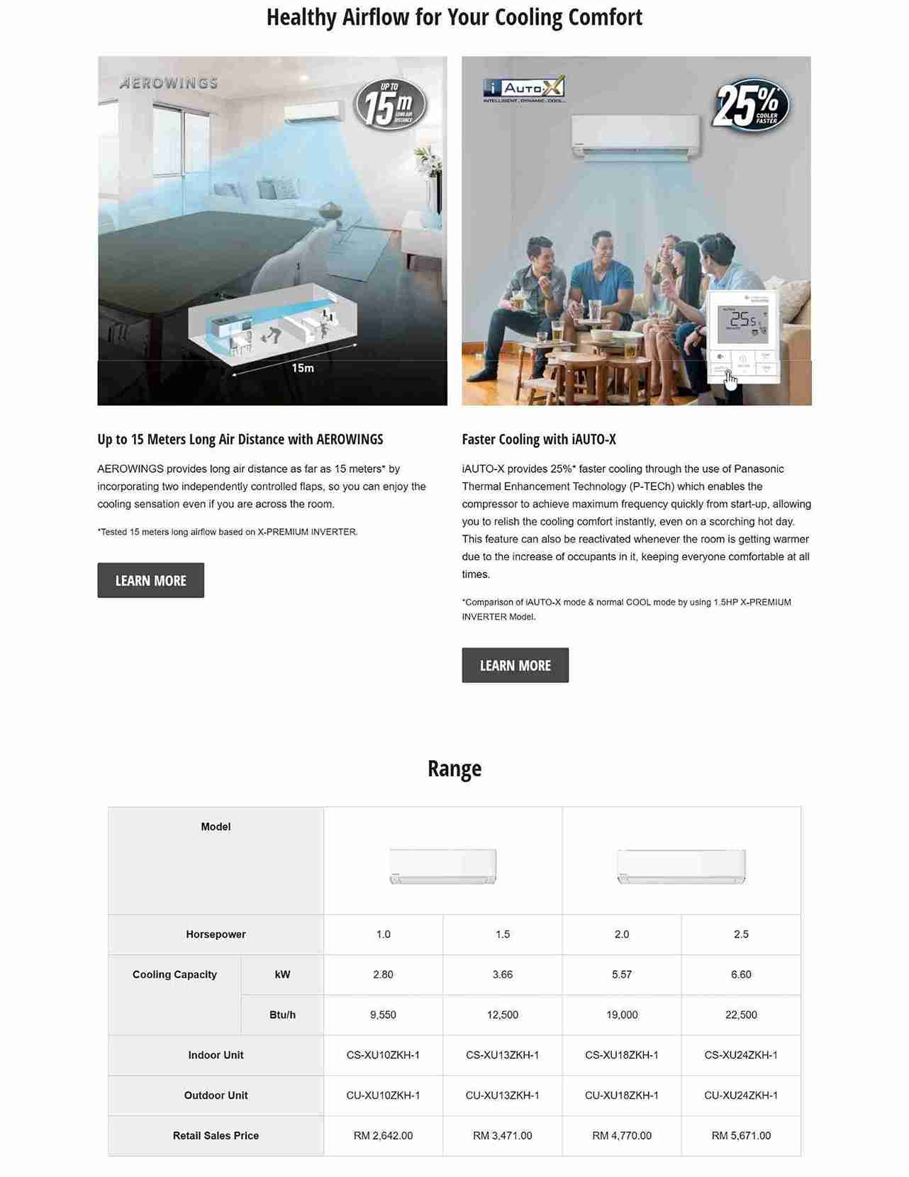 Panasonic X-Premium inverter air conditioner airflow and cooling range