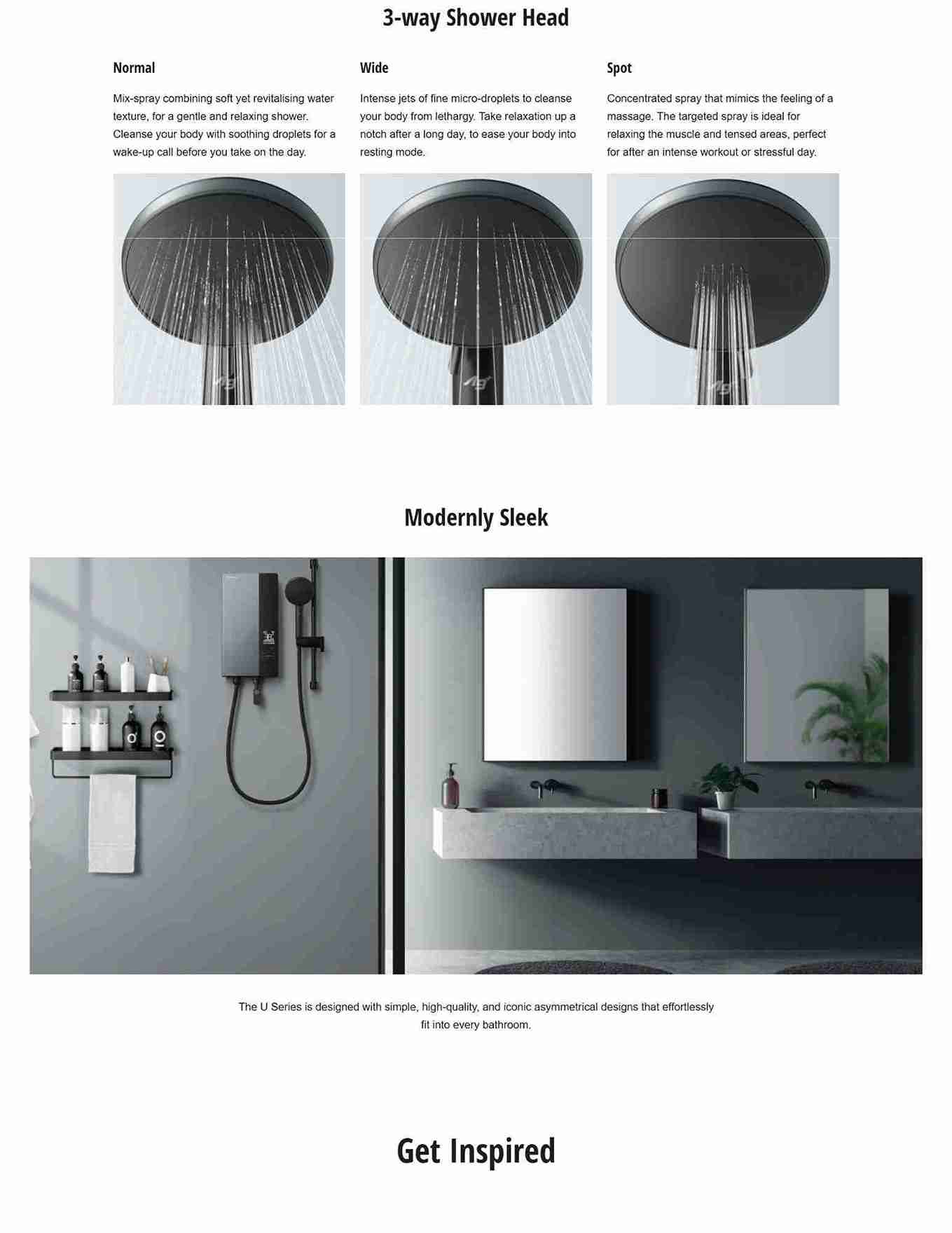 Shower head with three spray modes.