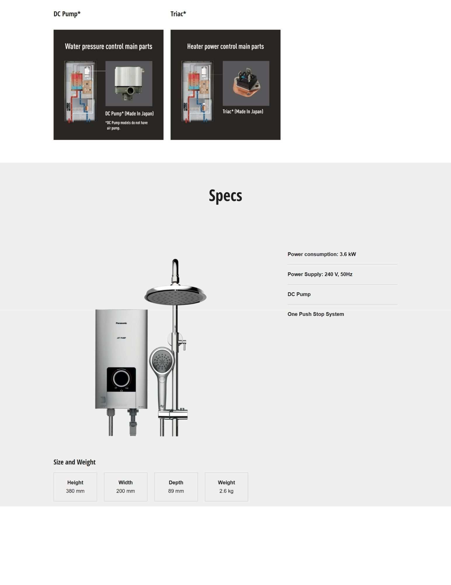 Displays product specifications including dimensions, weight, and power consumption for the shower unit.