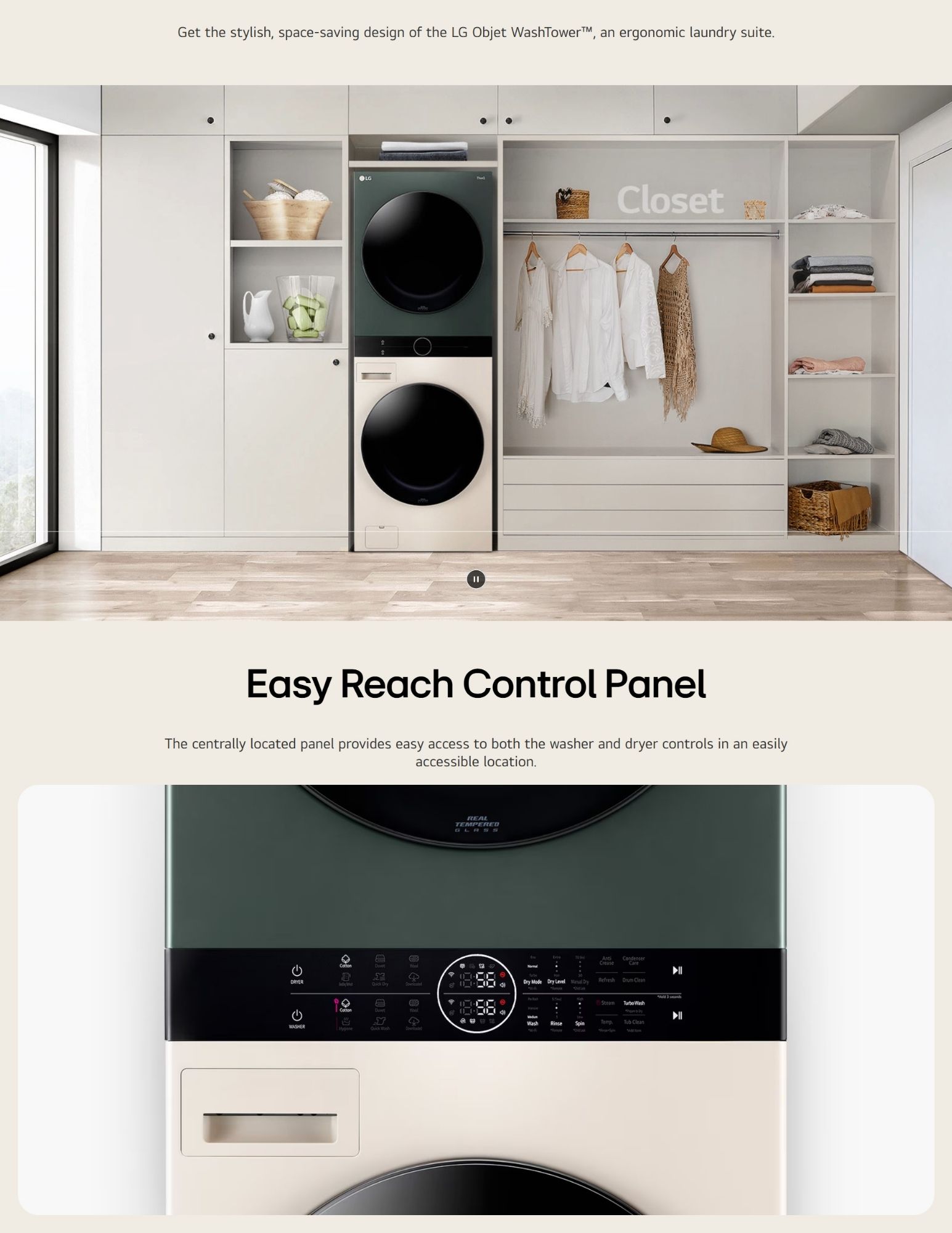 The LG Objet WashTower displayed in a well-organized closet with a central control panel offering easy access to both the washer and dryer, creating a space-saving and ergonomic laundry suite.
