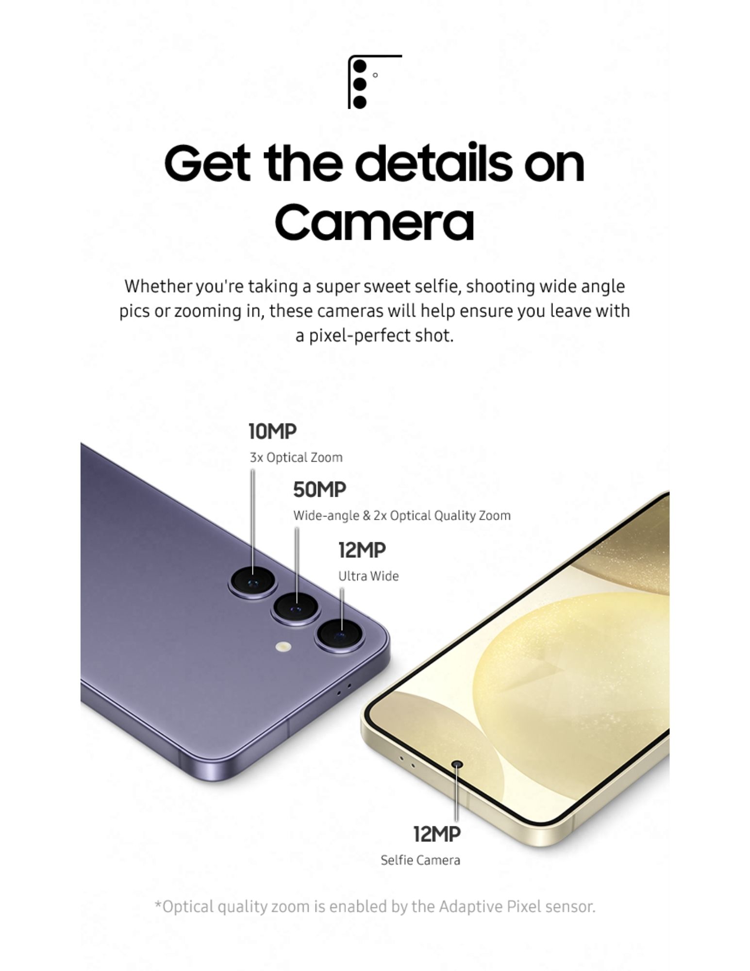 The image displays the detailed camera setup of a smartphone, including a 50MP wide-angle lens with 2x optical zoom, a 10MP lens with 3x optical zoom, and a 12MP ultra-wide lens. It also shows the 12MP selfie camera at the front, highlighting the camera capabilities for high-quality, detailed shots.