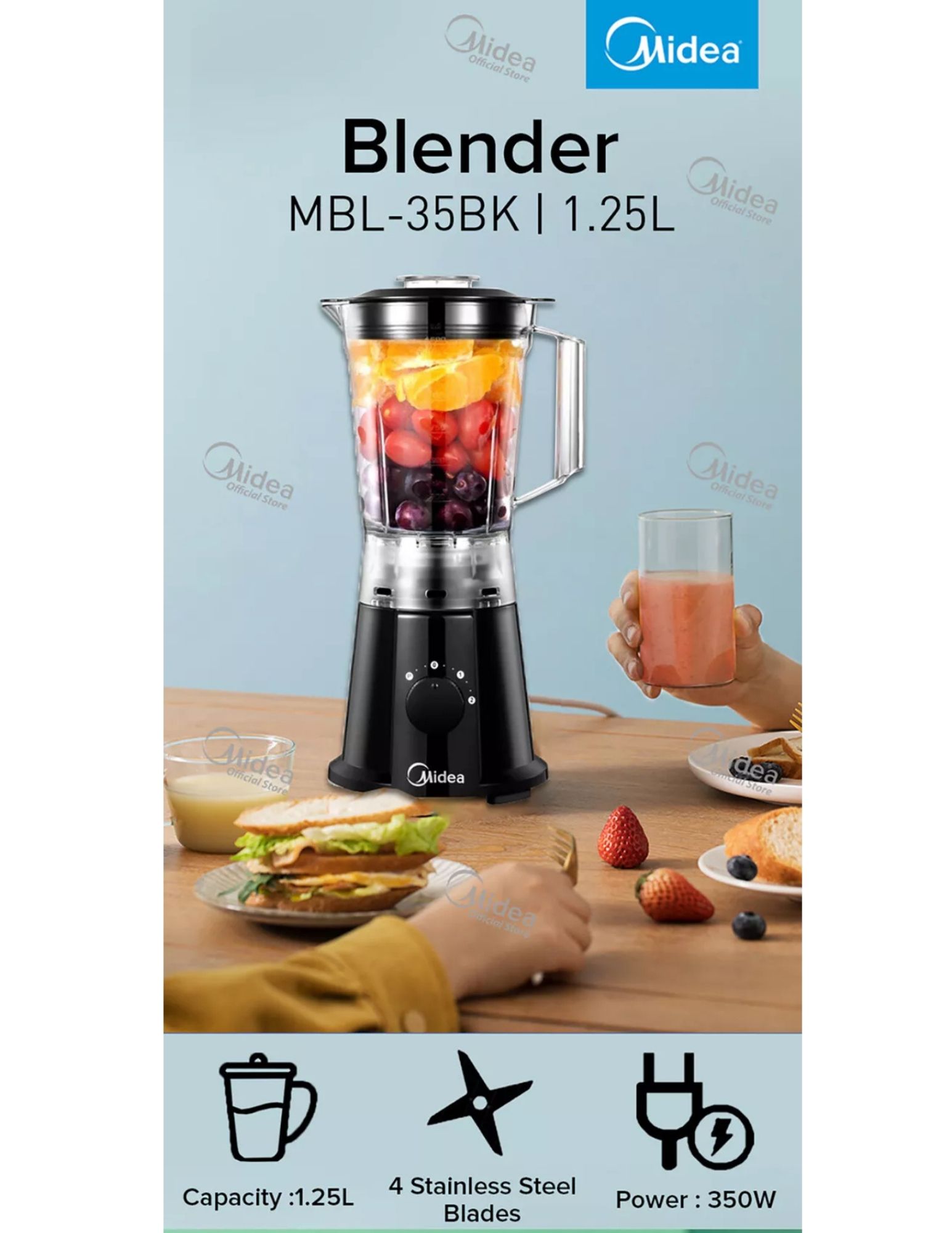 Image of a Midea blender, model MBL-35BK, featuring a 1.25L capacity with 4 stainless steel blades and a power rating of 350W. The blender is shown with a fruit mixture inside the jug and a person holding a glass of freshly blended juice, alongside a meal of sandwich and strawberries.