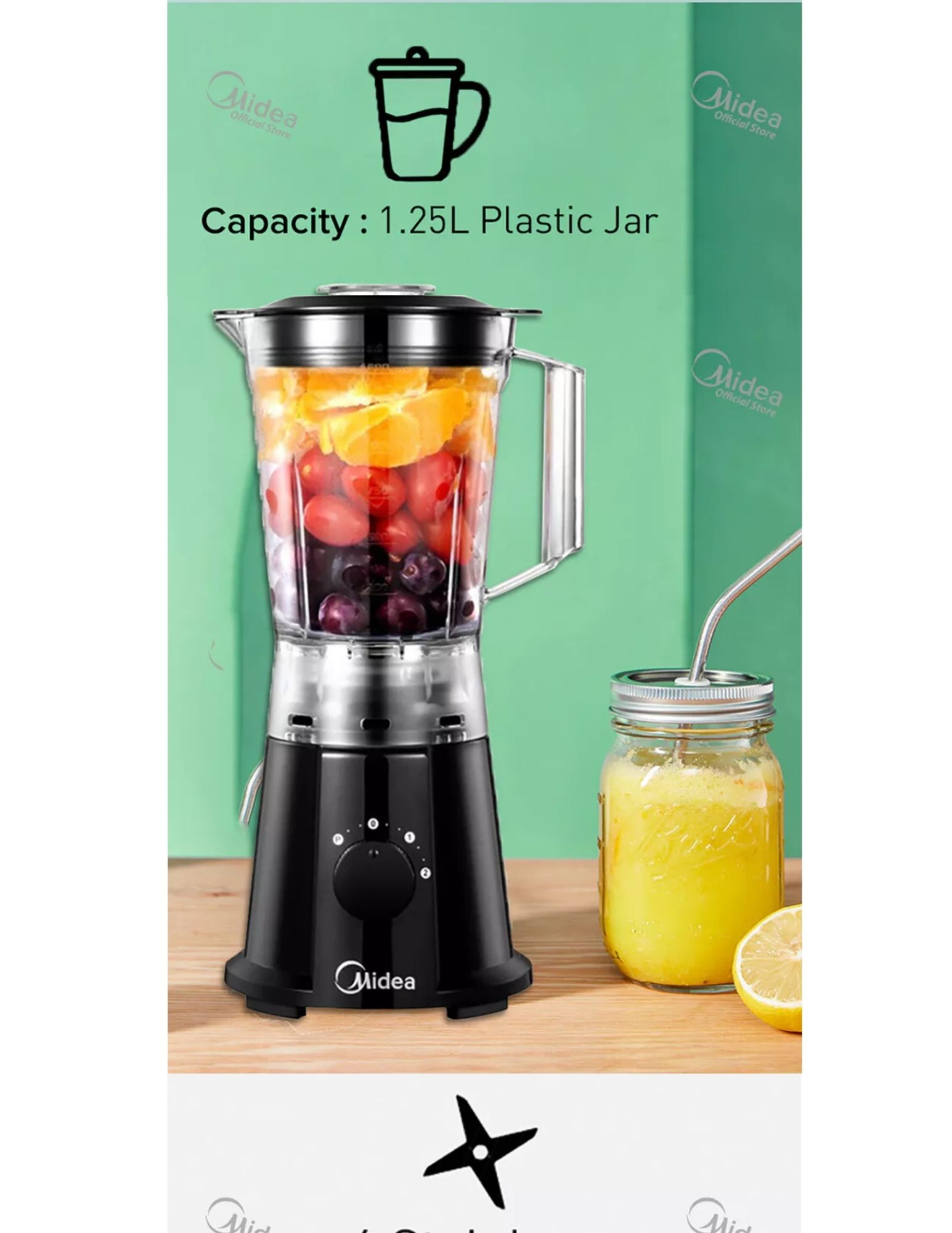 Image of a Midea blender, featuring a 1.25L plastic jar filled with a mixture of fruits. The blender is shown with a freshly made drink in a mason jar, placed next to a lemon, against a green background. The blender has a black base with a control dial and Midea branding.
