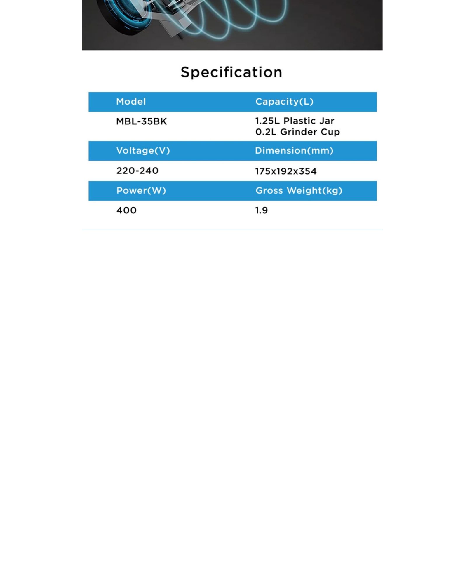 Product specifications for the Midea Blender MBL-35BK, displaying model, capacity (1.25L plastic jar and 0.2L grinder cup), voltage (220-240V), dimensions (175x192x354mm), power (400W), and gross weight (1.9kg).