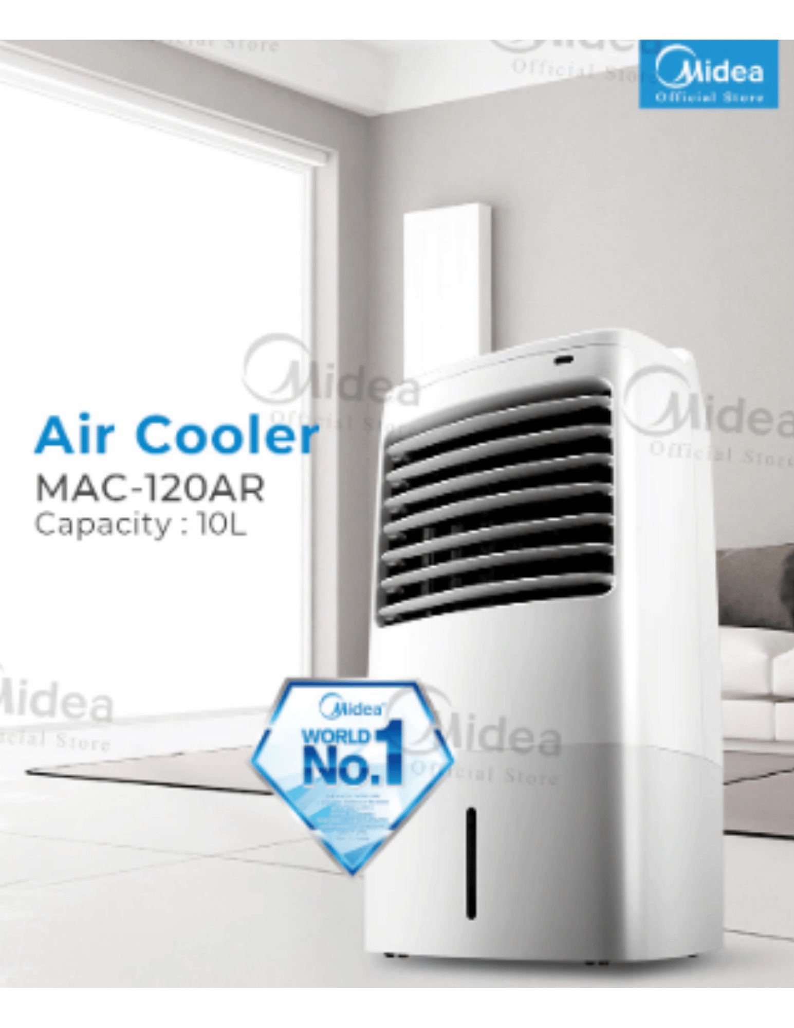 Midea MAC-120AR air cooler with 10L water tank displayed in a modern living room