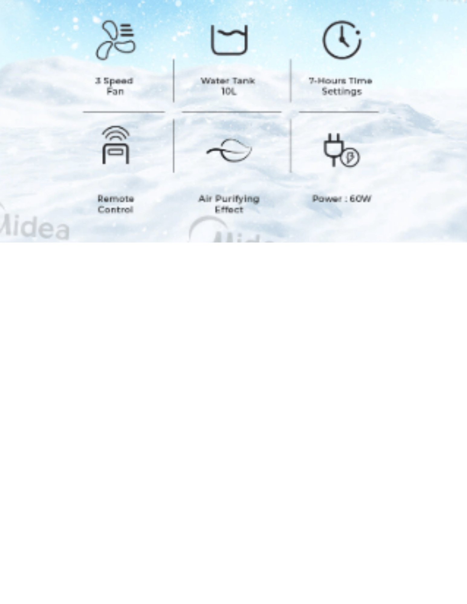 Midea air cooler features showing 3-speed fan, 10L water tank, 7-hour timer, remote control, air purifying effect and 60W power