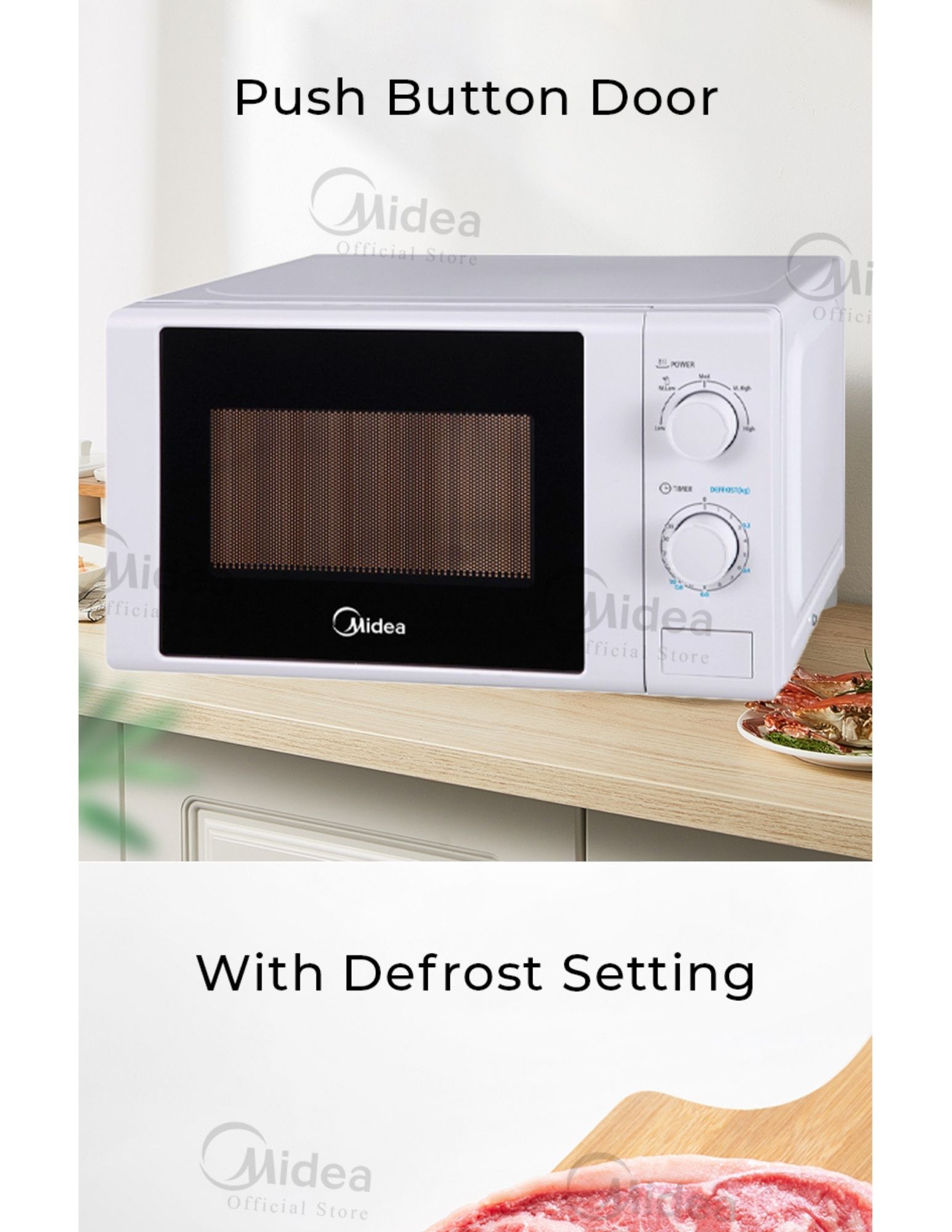 Midea microwave oven with push-button door and dual control knobs on a countertop.