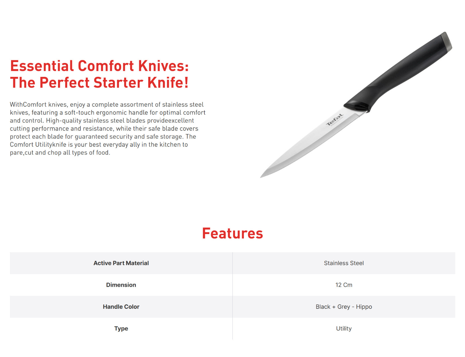 Comfort utility knife with stainless steel blade and ergonomic handle for precise cutting in the kitchen