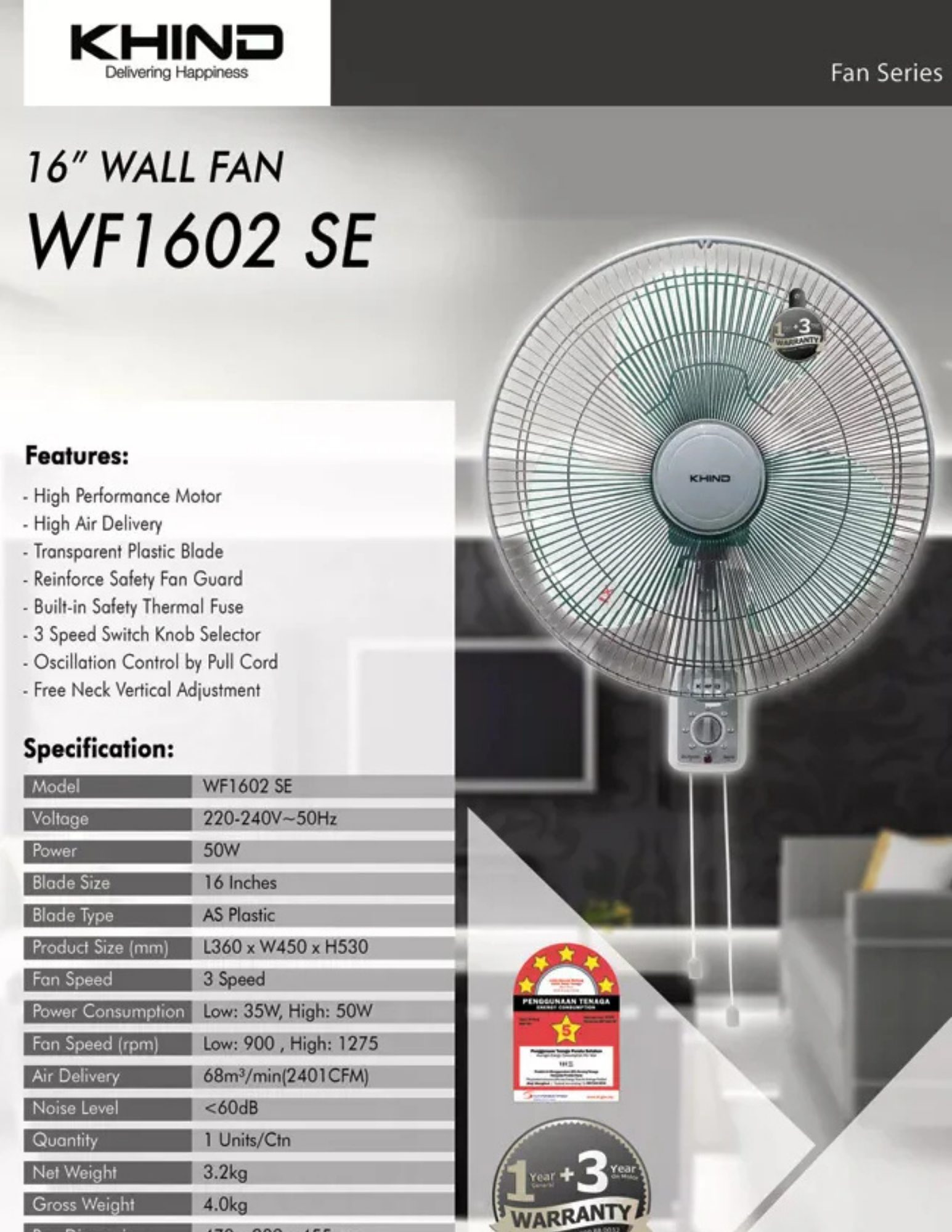Key Features: High Performance Motor Double Pull Cord High Air Delivery Transparent Plastic Blade Reinforce Safety Thermal Fuse Built-in Safety Thermal Fuse 3 Speed Switch Knob Selector Oscillation Control by Pull Cord Free Neck Vertical Adjustment