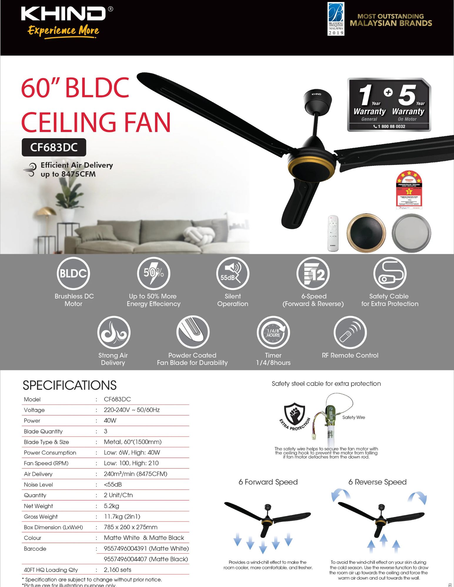 Key Features: BLDC Motor Up to 50% More Energy Efficiency Silent Operation 6-Speed (Forward & Reverse) Safety Cable for Extra Protection Strong Air Delivery Powder Coated Fan Blade For Durability Timer 1/4/8 Hours RF Remote Control