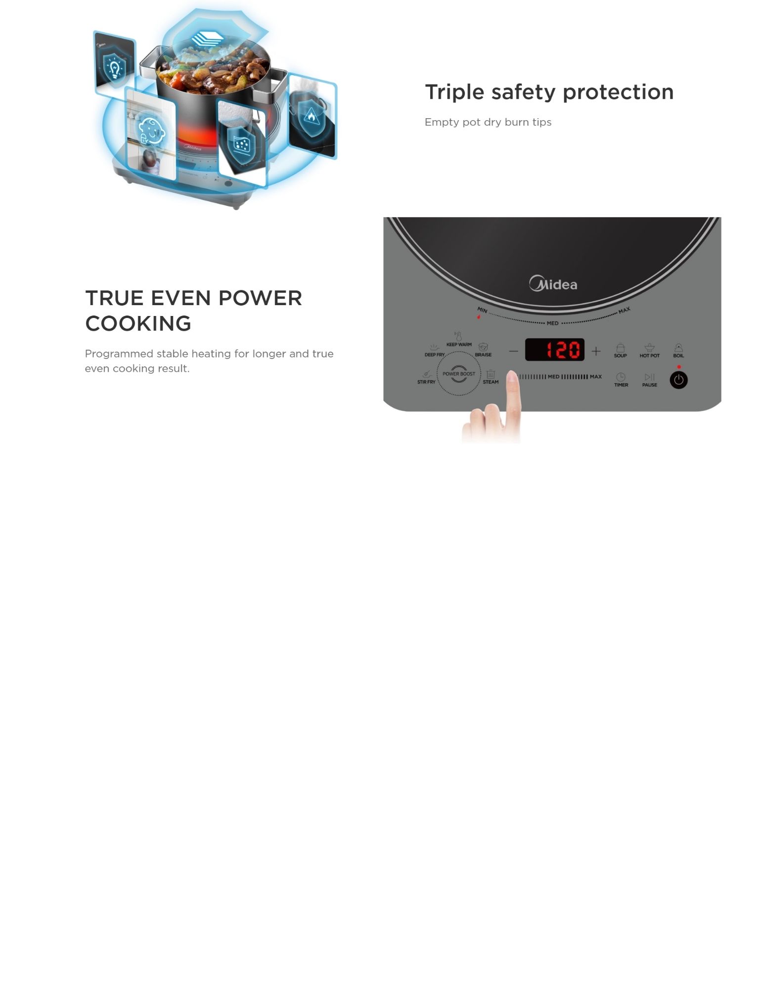 A close-up of the induction cooktop showing its three features: large cooking zone, constant wave technology, and consistent power for even cooking.