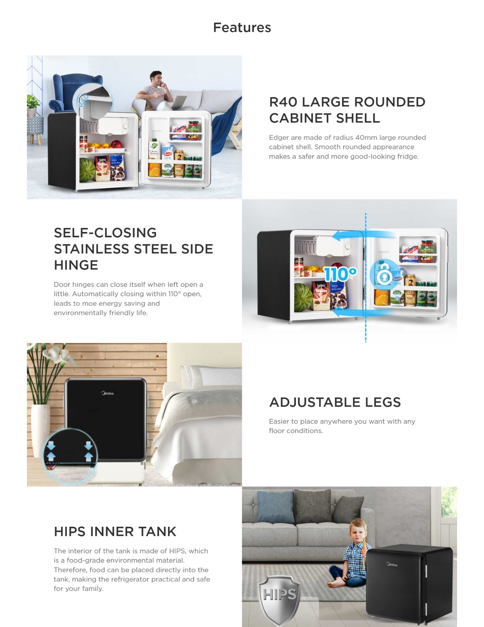 A compact fridge featuring a rounded cabinet shell, self-closing stainless steel door hinge, adjustable legs, and a food-grade HIPS inner tank for safe storage.
