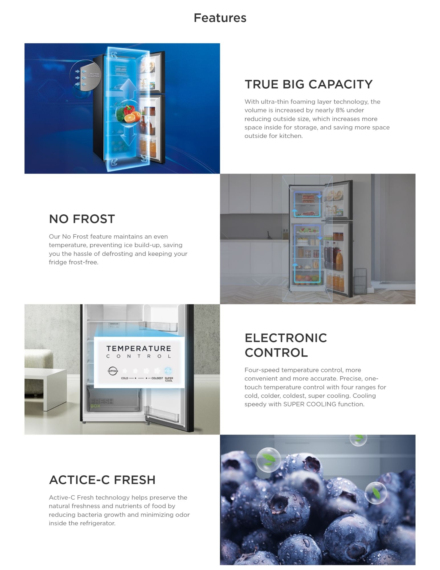 Midea refrigerator with True Big Capacity, No Frost, Temperature Control, and Active-C Fresh technology.