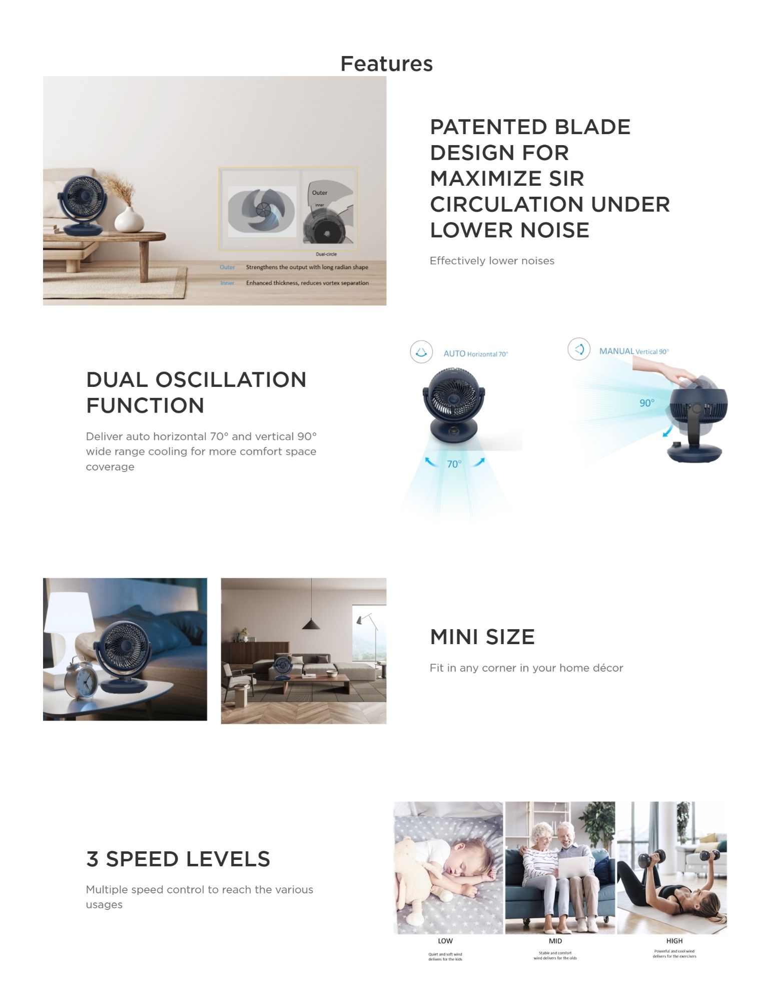 A compact fan with a mini size design, featuring a detachable shield and three speed levels, suitable for different environments.