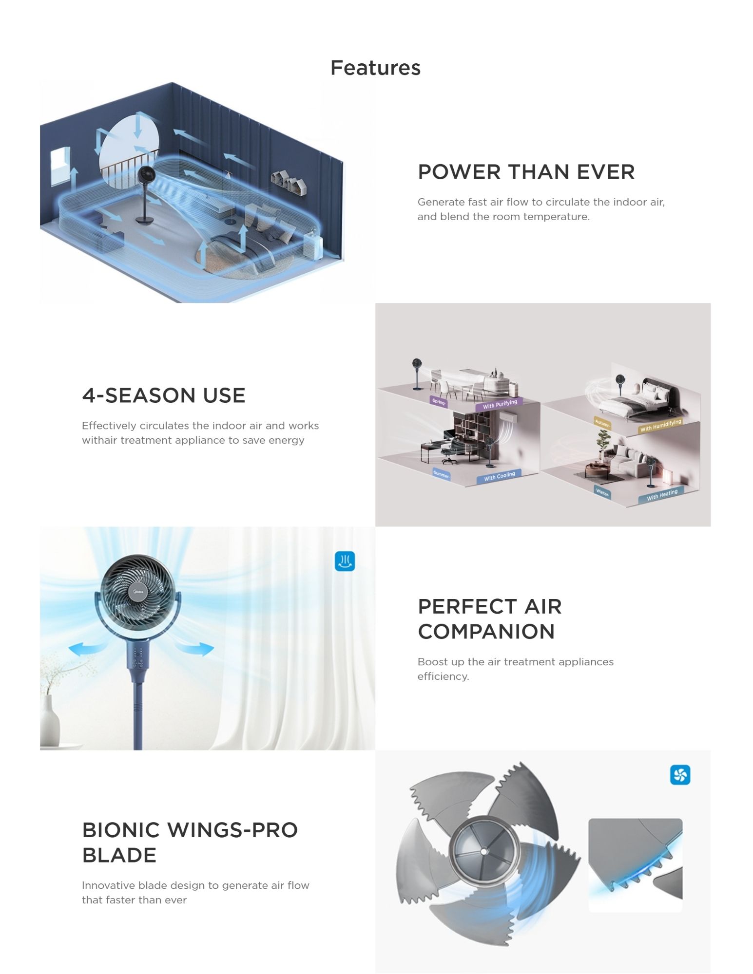 Fan featuring powerful airflow generation for indoor air circulation, with 4-season use to complement heating and cooling systems, and a bionic wings-pro blade design for improved air circulation.