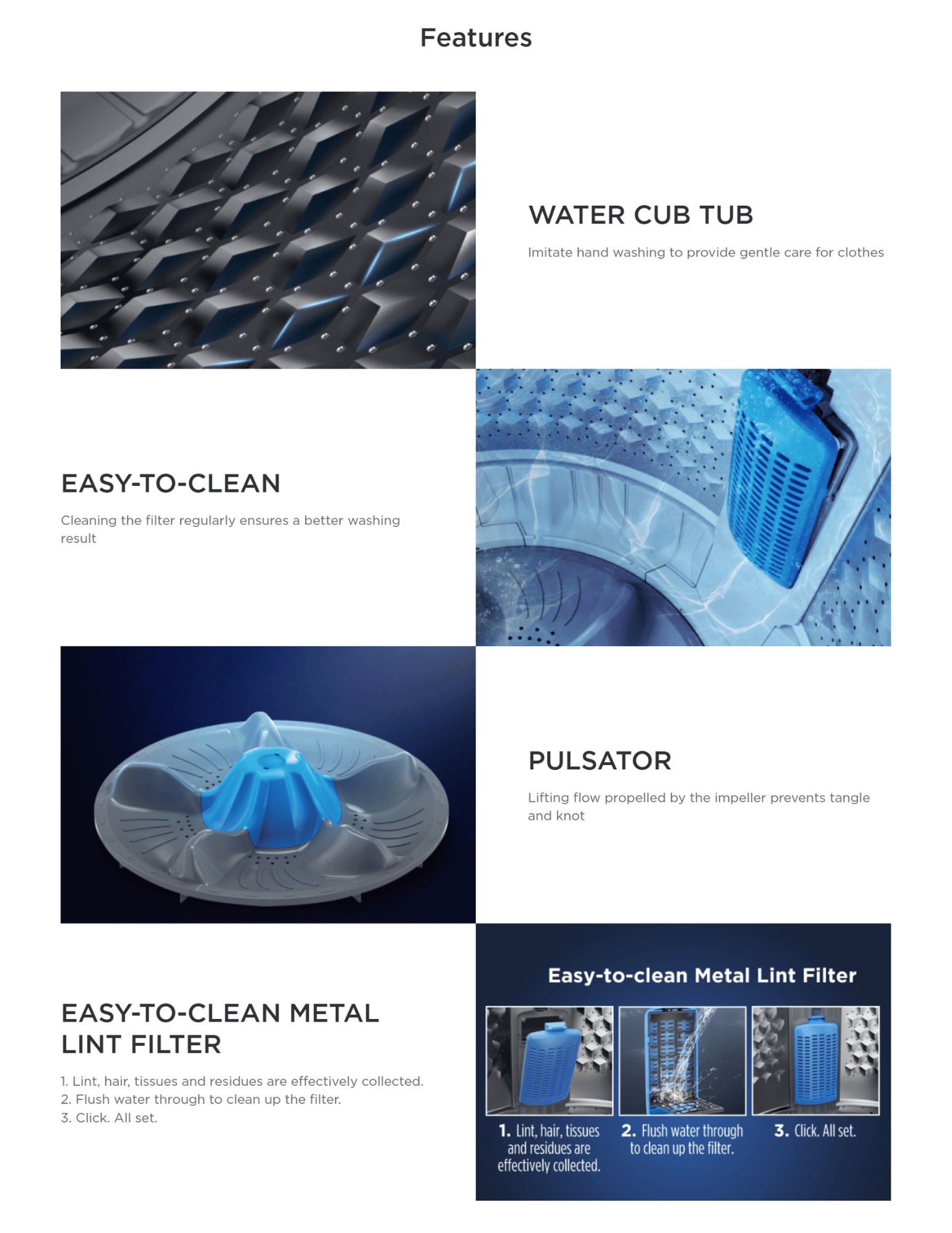 Midea top load washer features Water Cub Tub, pulsator wash system, and easy-to-clean metal lint filter.