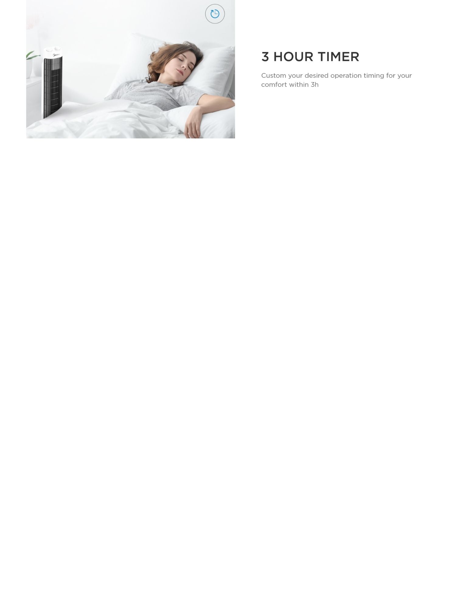 A tower fan with a 3-hour timer function, allowing for customized operation timing to enhance comfort while sleeping.