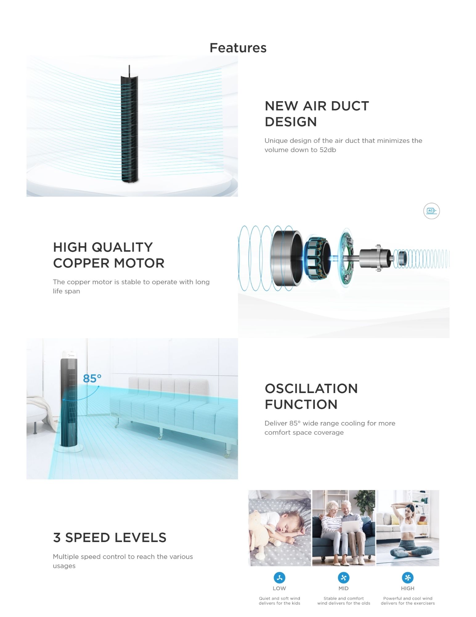 A tower fan with a high-quality copper motor, new air duct design minimizing noise to 52db, 85° oscillation function for wide-range cooling, and 3 adjustable speed levels for varied usage.