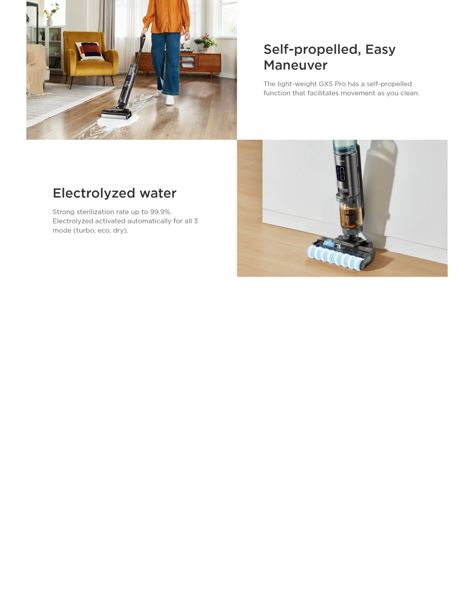 A self-propelled vacuum cleaner in use with electrolyzed water technology that sterilizes up to 99.9%, shown in action on a clean floor.