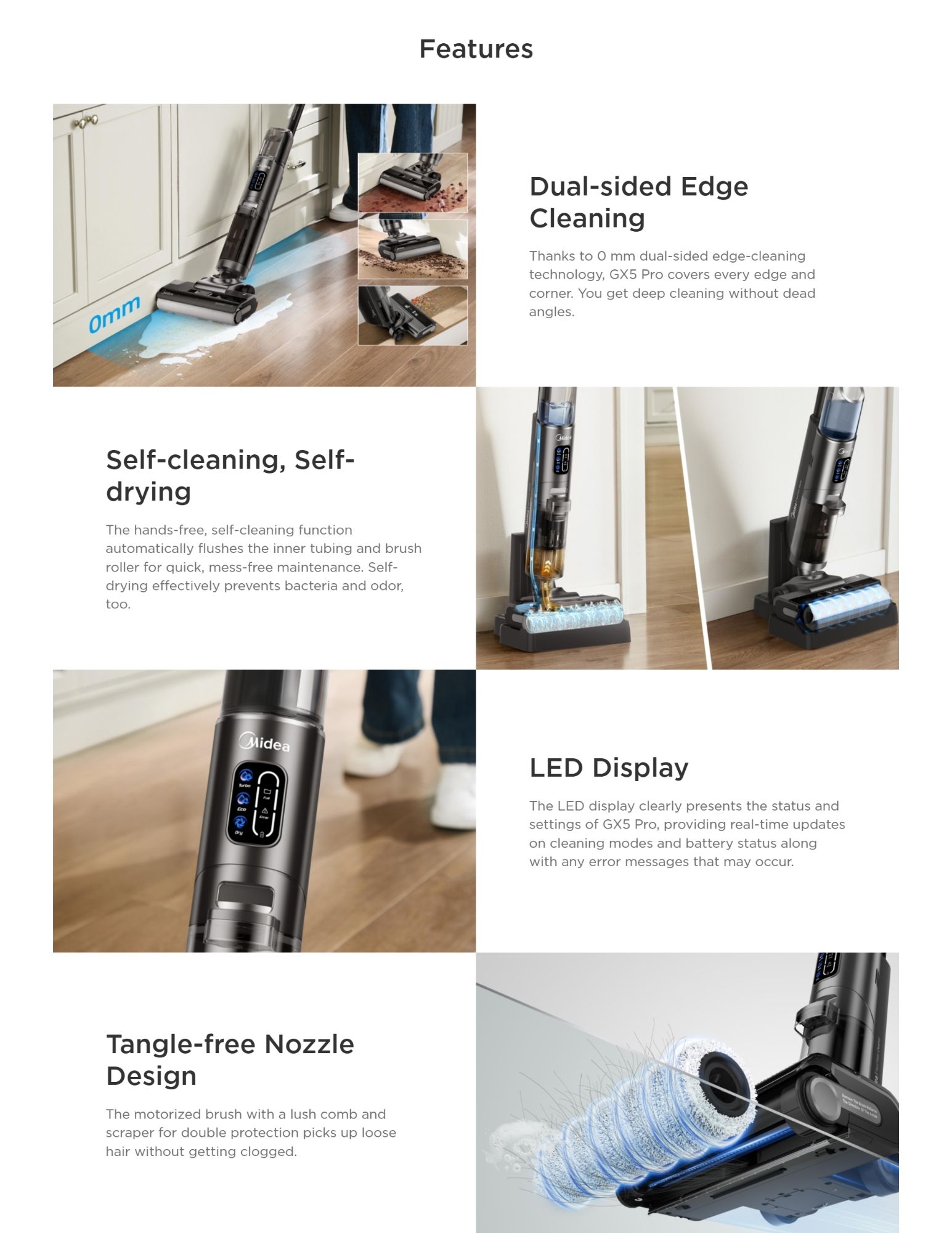 A vacuum cleaner with dual-sided edge cleaning, self-cleaning, self-drying functions, LED display for real-time updates, and a tangle-free nozzle design to prevent hair clogging.