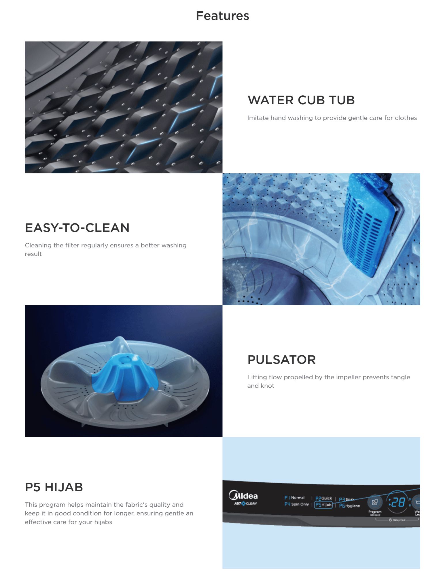 Top load washing machine features including Water Cub Tub for gentle hand-wash care, easy-to-clean lint filter, pulsator wash system to reduce tangling, and P5 Hijab program for delicate fabric care.