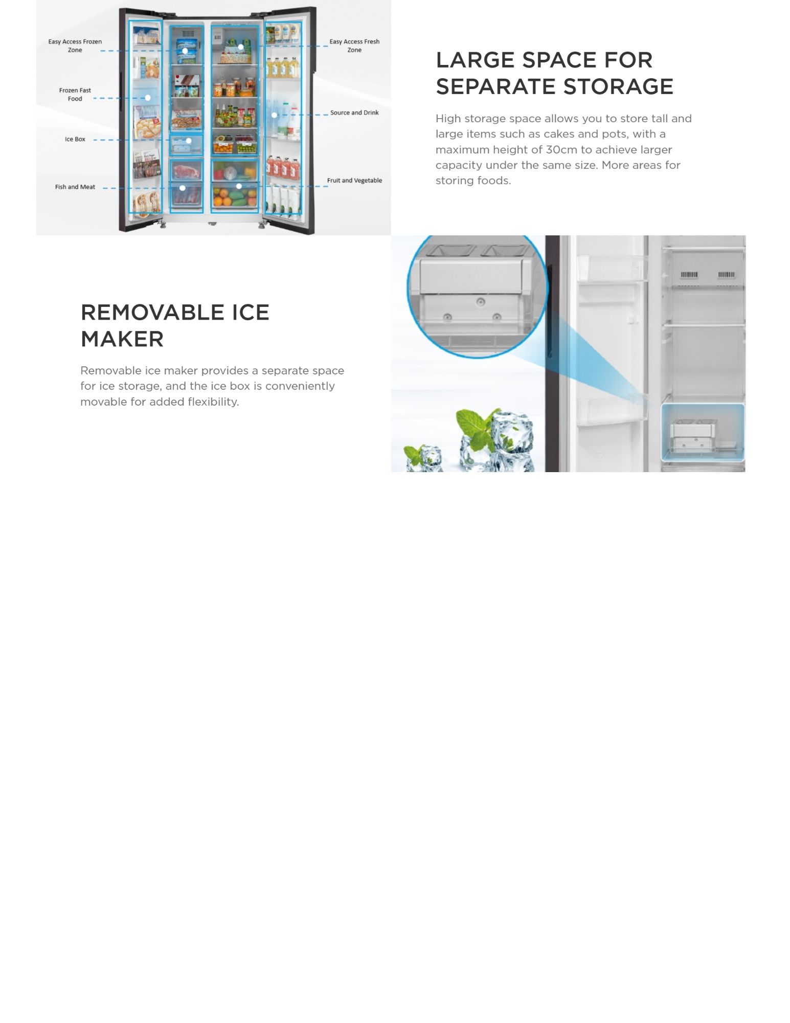 Features of Midea refrigerator, highlighting large storage capacity for separate storage of different food items and a removable ice maker for added flexibility.