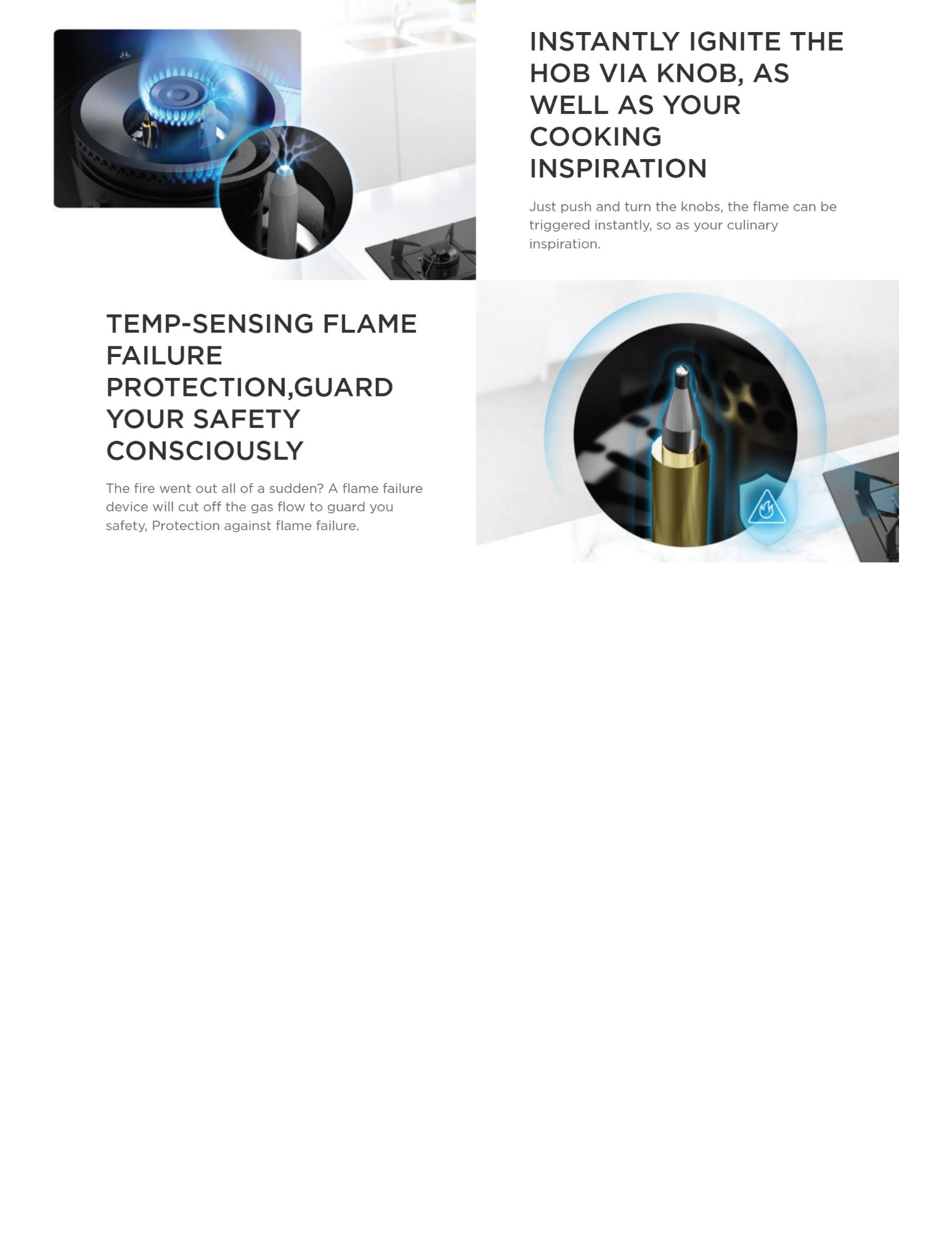 Features of Midea cooking hob with instant ignition via knob and temperature-sensing flame failure protection for safety, ensuring a secure and convenient cooking experience.