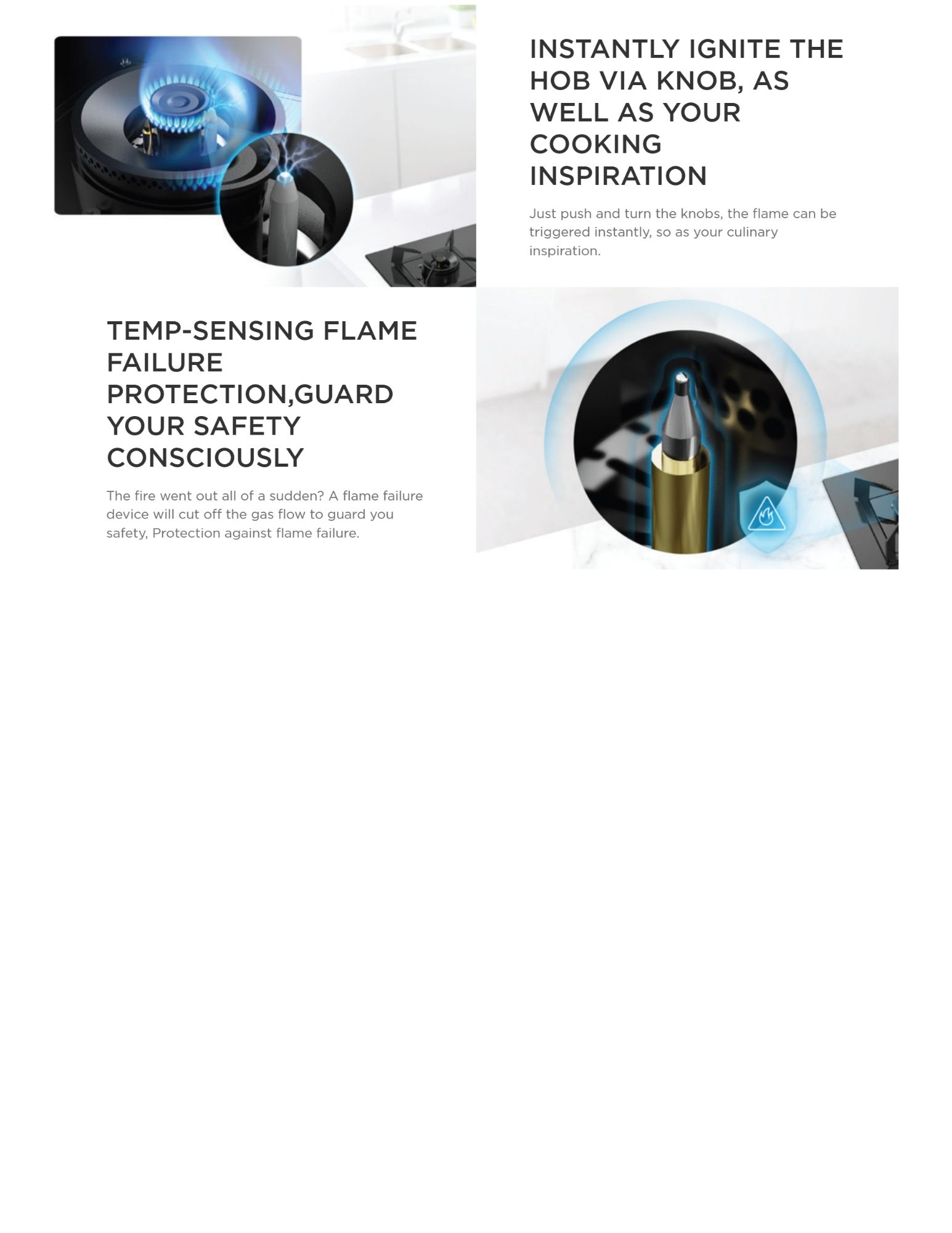 Instant ignition and safety protection with temperature-sensing flame failure device for Midea cooking hob. Ensures safe operation by automatically cutting off gas flow in case of flame failure.