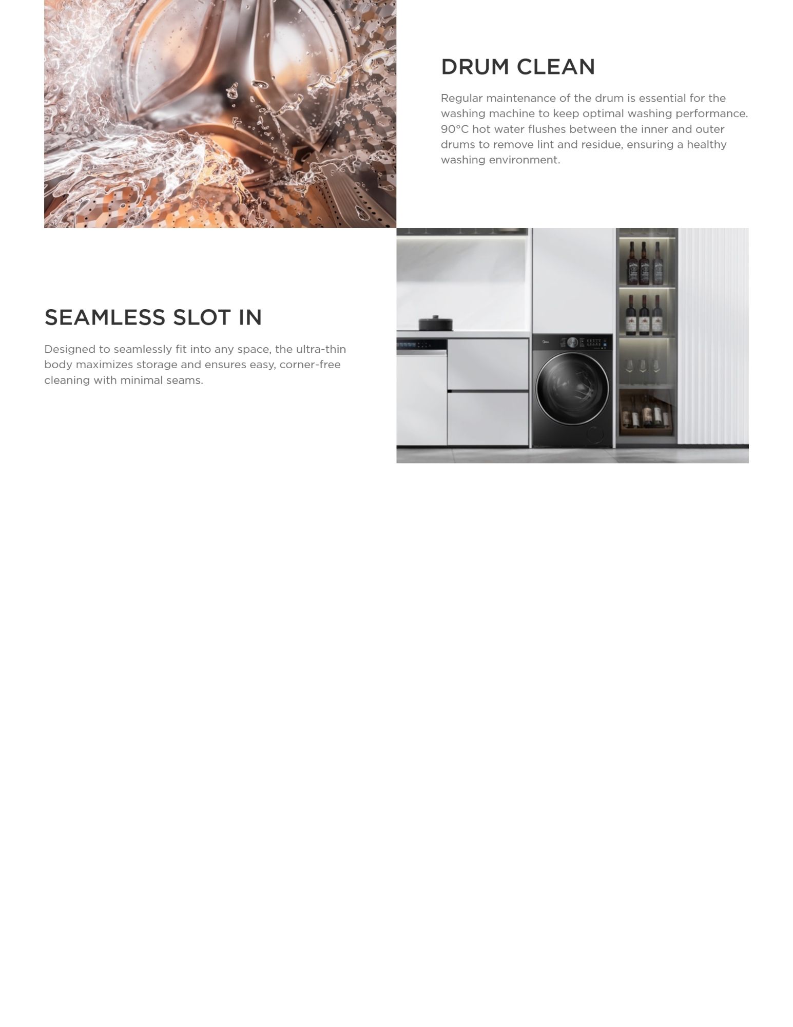 Washing machine drum clean feature with hot water rinse and seamless built-in slot design.