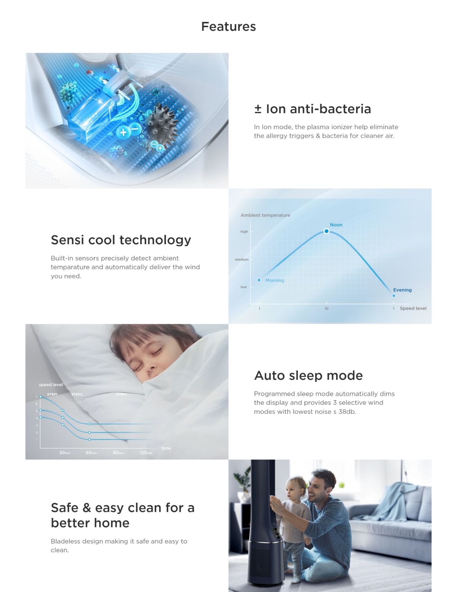 Bladeless fan with ion anti-bacteria technology, Sensi cool sensors for temperature detection, auto sleep mode for low noise operation, and easy-to-clean design for a safer and more comfortable home environment.