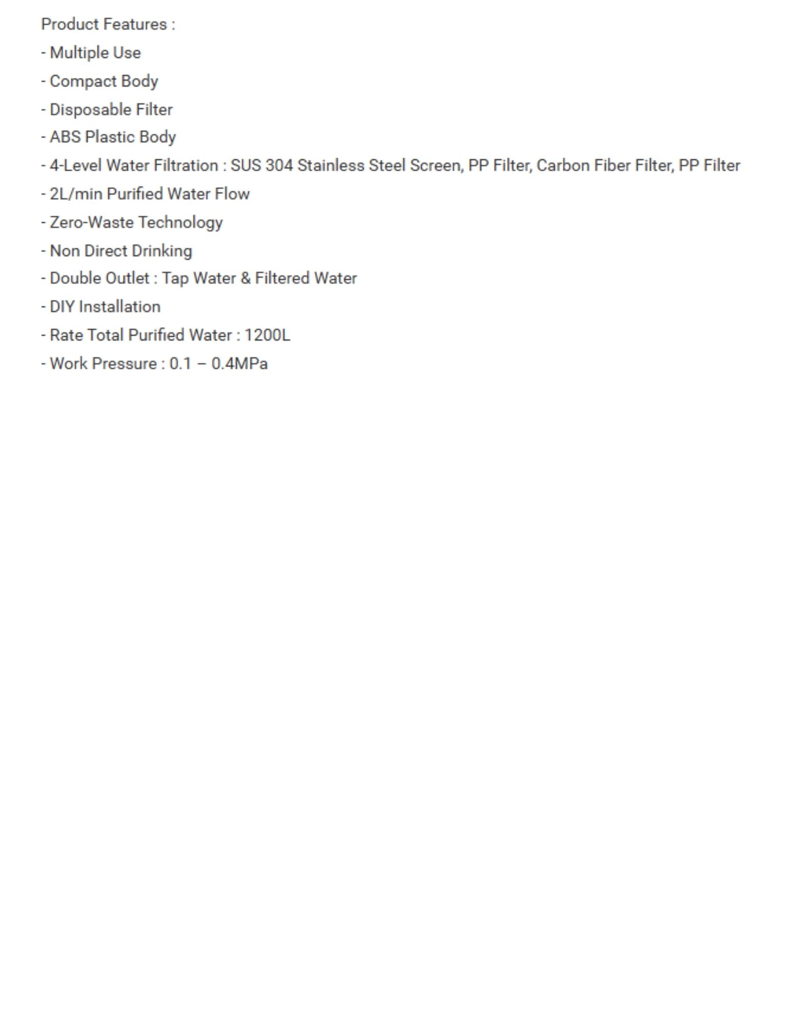 Close-up of a kitchen appliance with features listed such as a 2L/min water flow rate, disposable filter, and total purified water rate of 1200L.