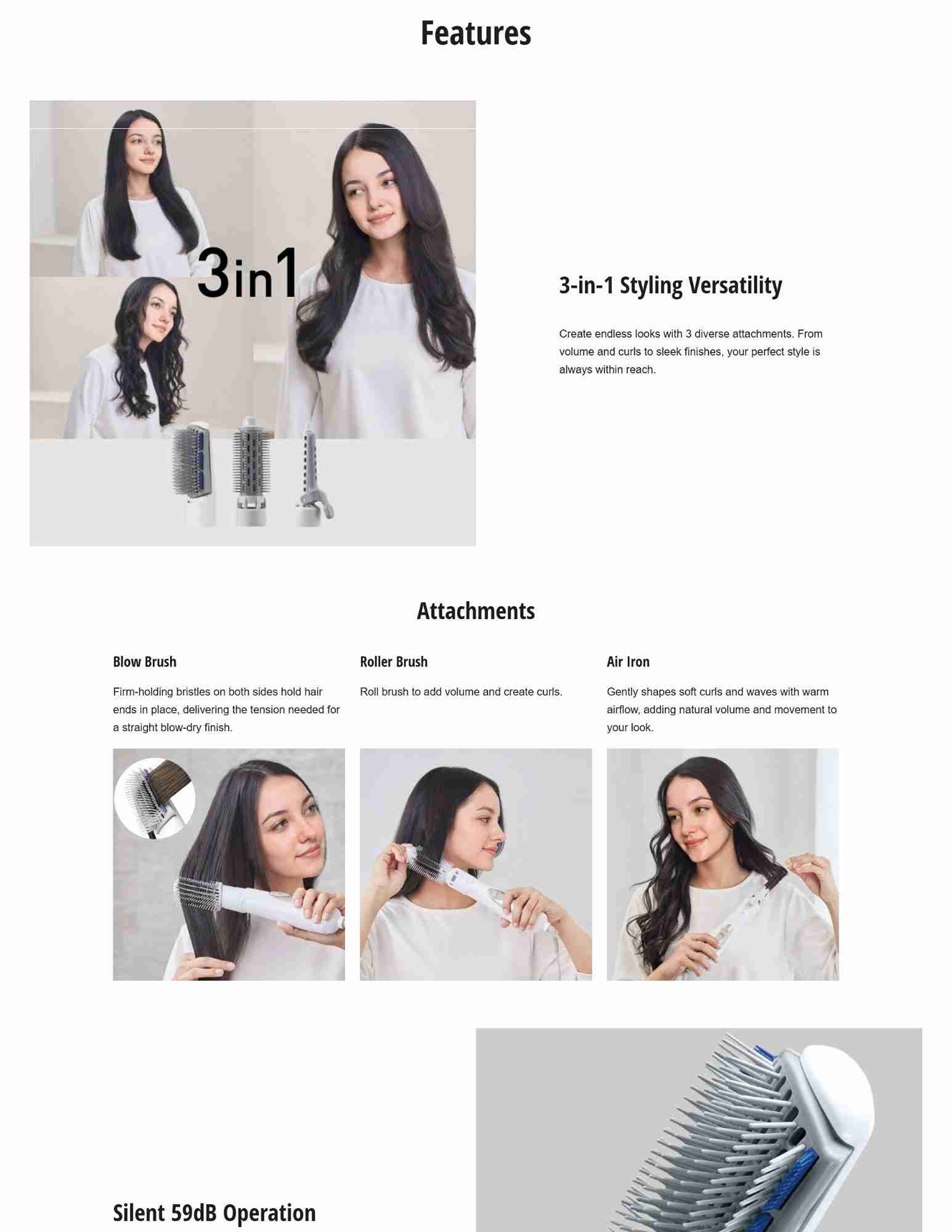 3-in-1 hair styler with blow brush, roller brush, and air iron attachments.