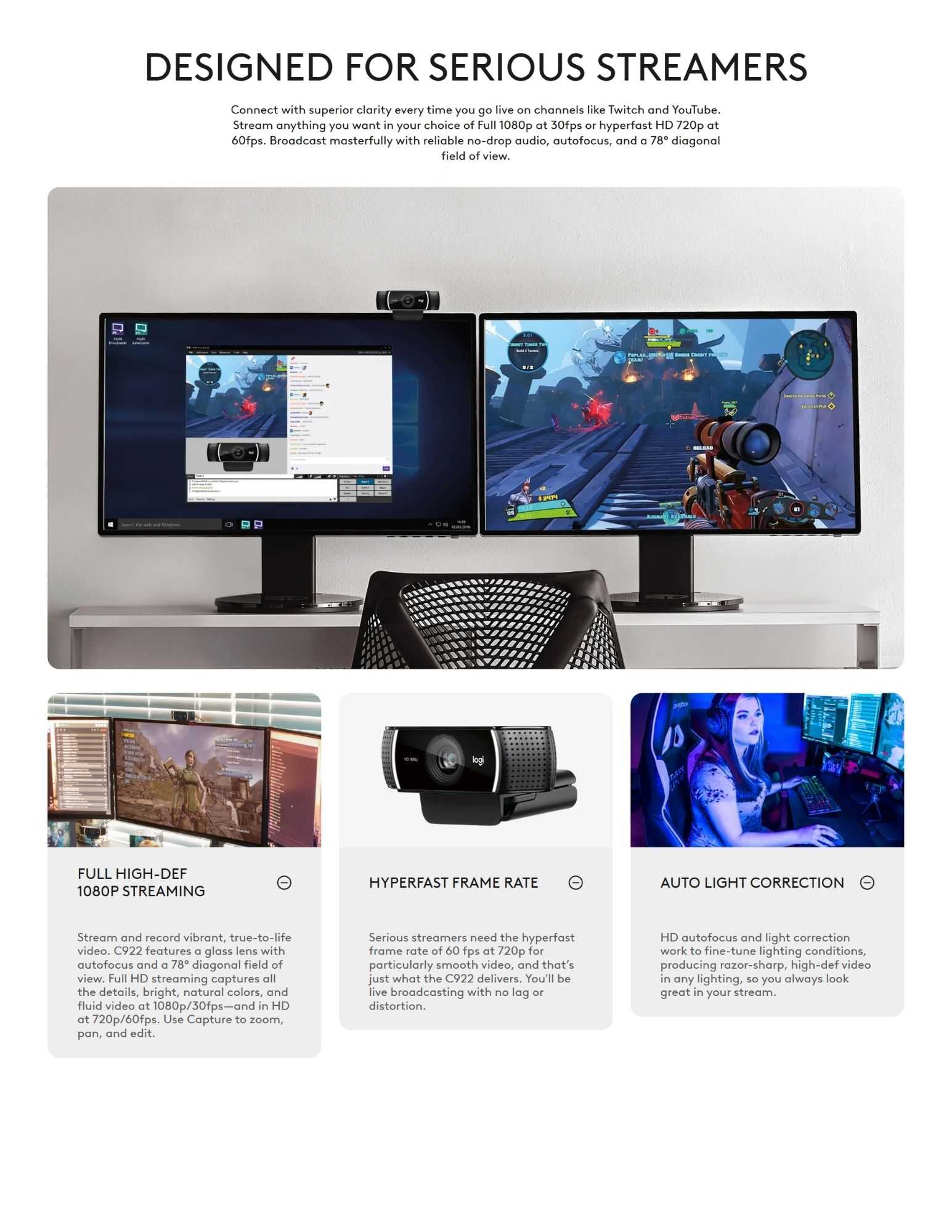 Logitech webcam setup designed for serious game streaming