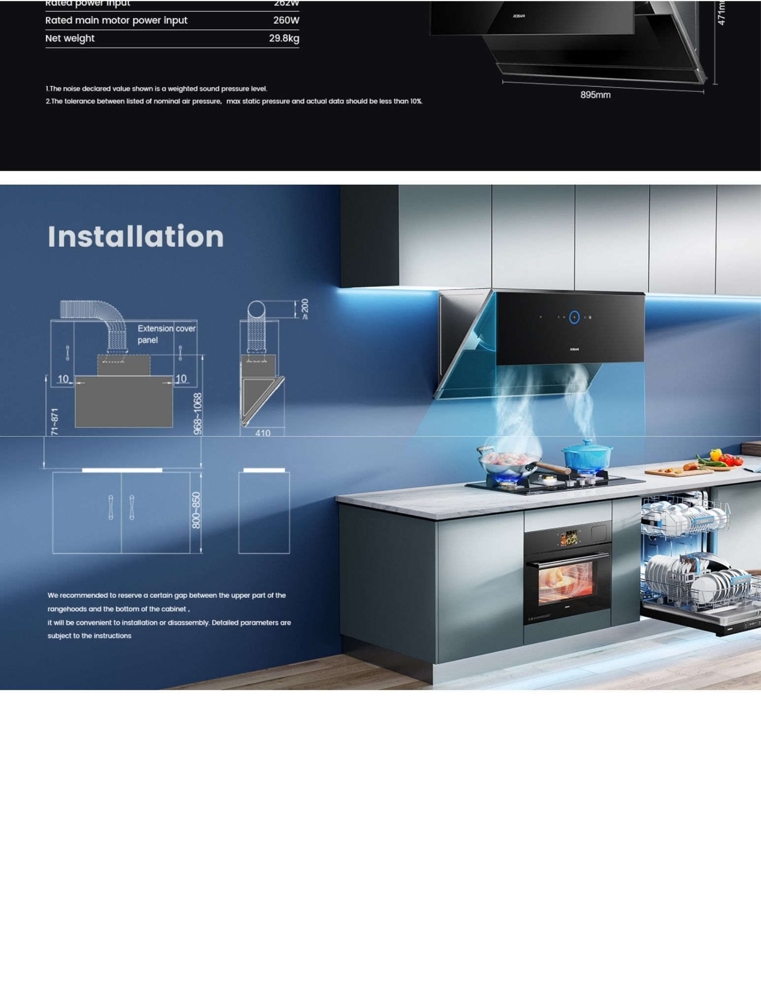 Built-in range hood installation with clear dimension guide